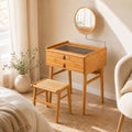 ELLEGNT Compact Bamboo Vanity Table with Round Mirror Tempered Glass Top and 2 Drawers