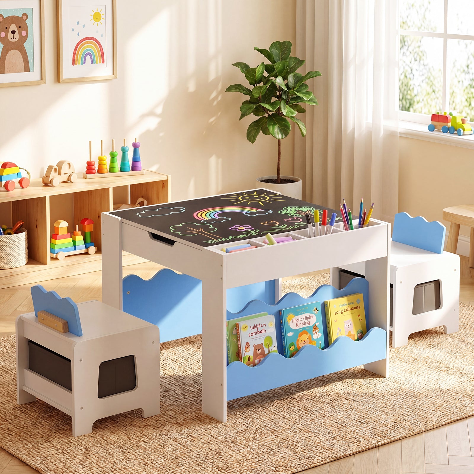 ELLEGNT Kids Wooden Table & Chair Set Includes Double-Sided Chalkboard Tabletop and Bookshelves, White + Blue