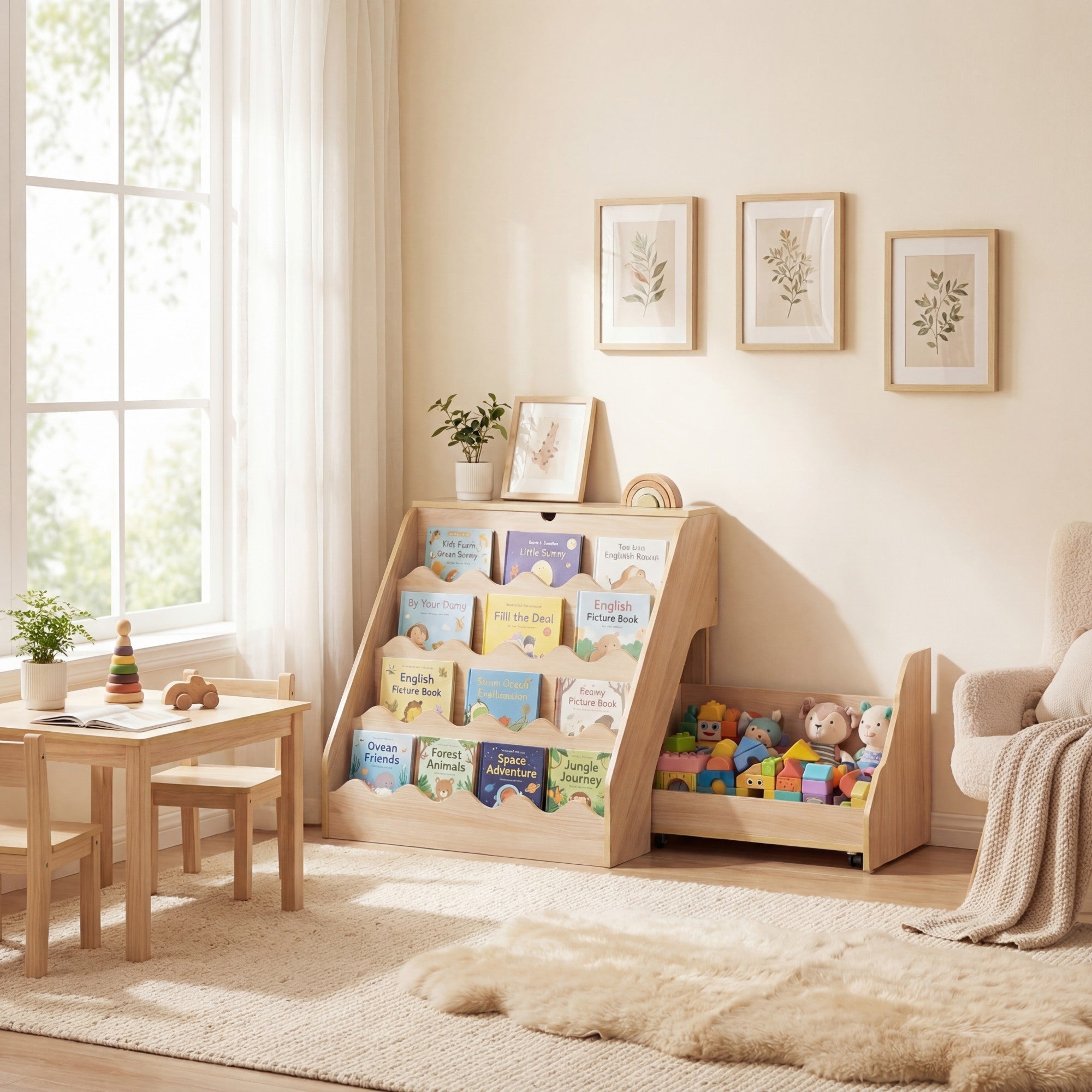 ELLEGNT 4-Tier Rolling Drawer Cart Bookshelf for Kids-Toy Storage Organizer for Nursery or Playroom, Natural