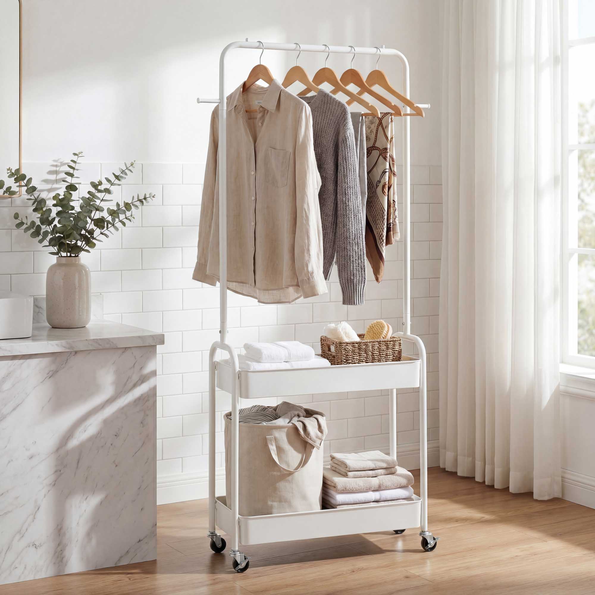 ELLEGNT Rolling Garment Rack-Lockable Wheels, Hanging Rod, Side Hooks and Storage Baskets, White