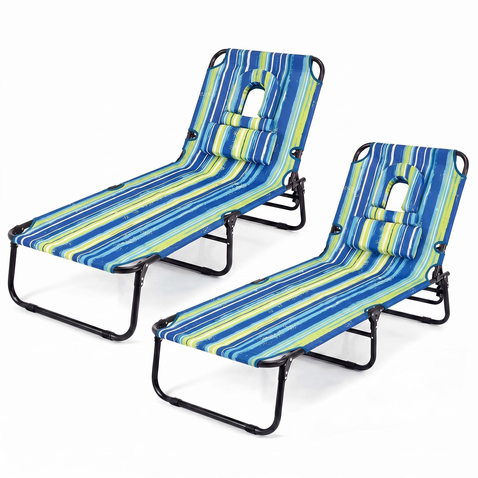 ELLEGNT 2 PCS Beach Lounger with 4?Position Reclining Backrest, Removable Pillows and Face Hole-Folding Design, Blue Stripe