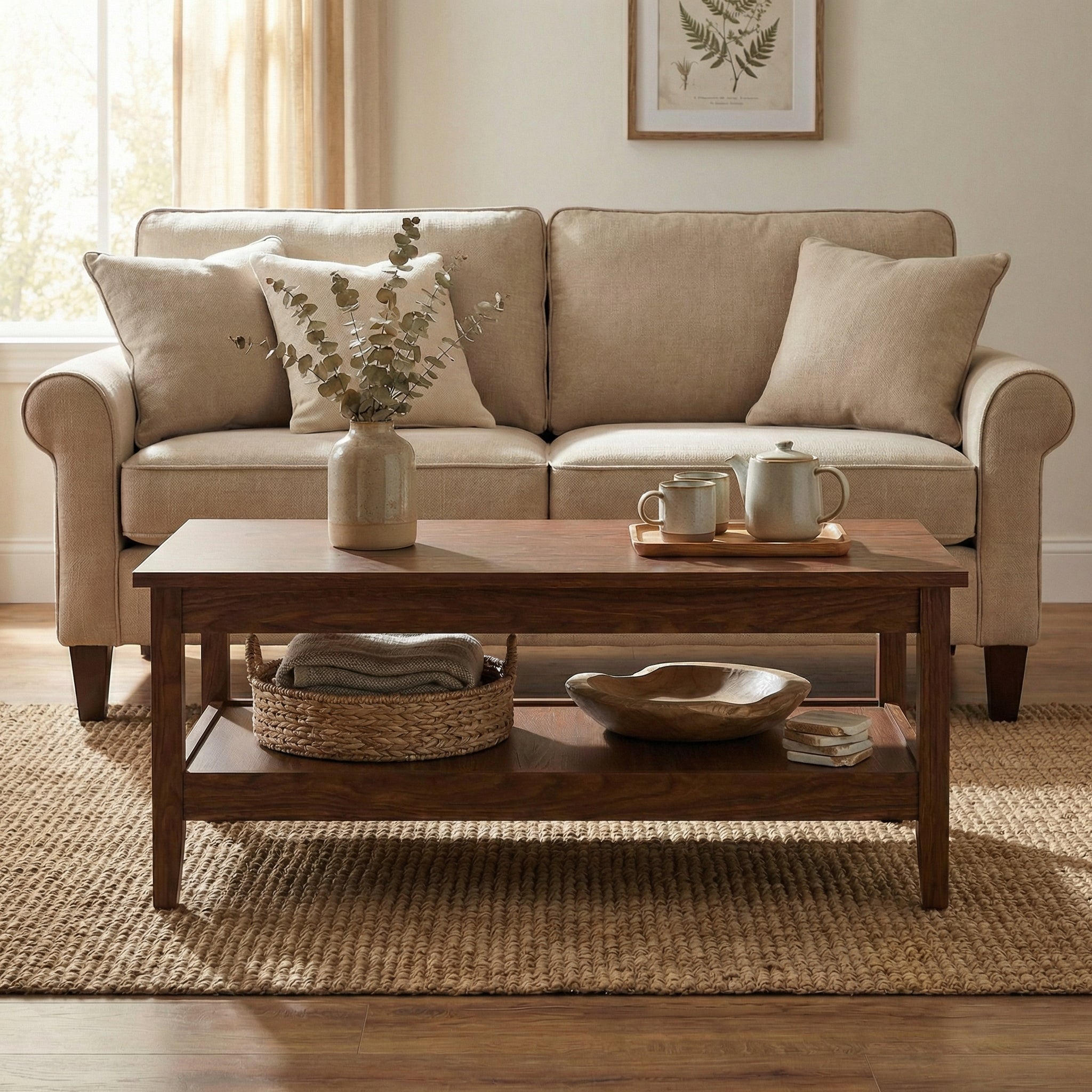 ELLEGNT Brown 2-Tier Rectangle Table with Slatted Storage Shelf-Thickened Top, Sturdy Center Table for Entryway or Living Room