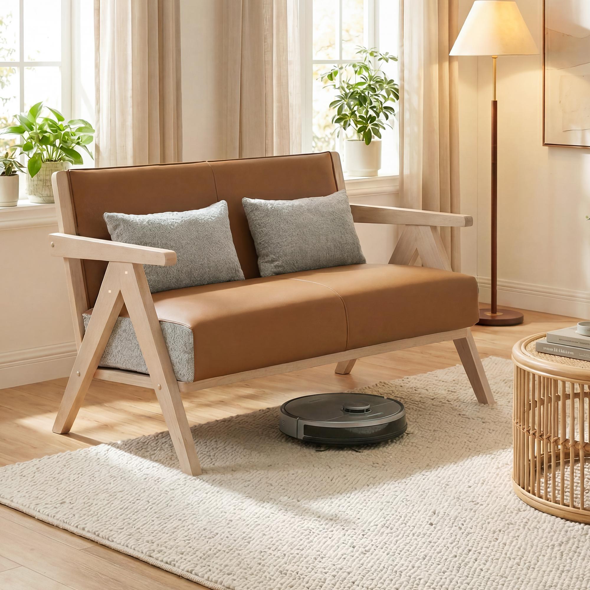 ELLEGNT Loveseat for Small Spaces-Soft Chenille Armchair with Throw Pillows, Brown