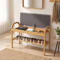 ELLEGNT Bamboo Shoe Bench with Flip Top Storage-2-Tier Entryway Shoe Rack for Hallway or Small Space Natural +  gray