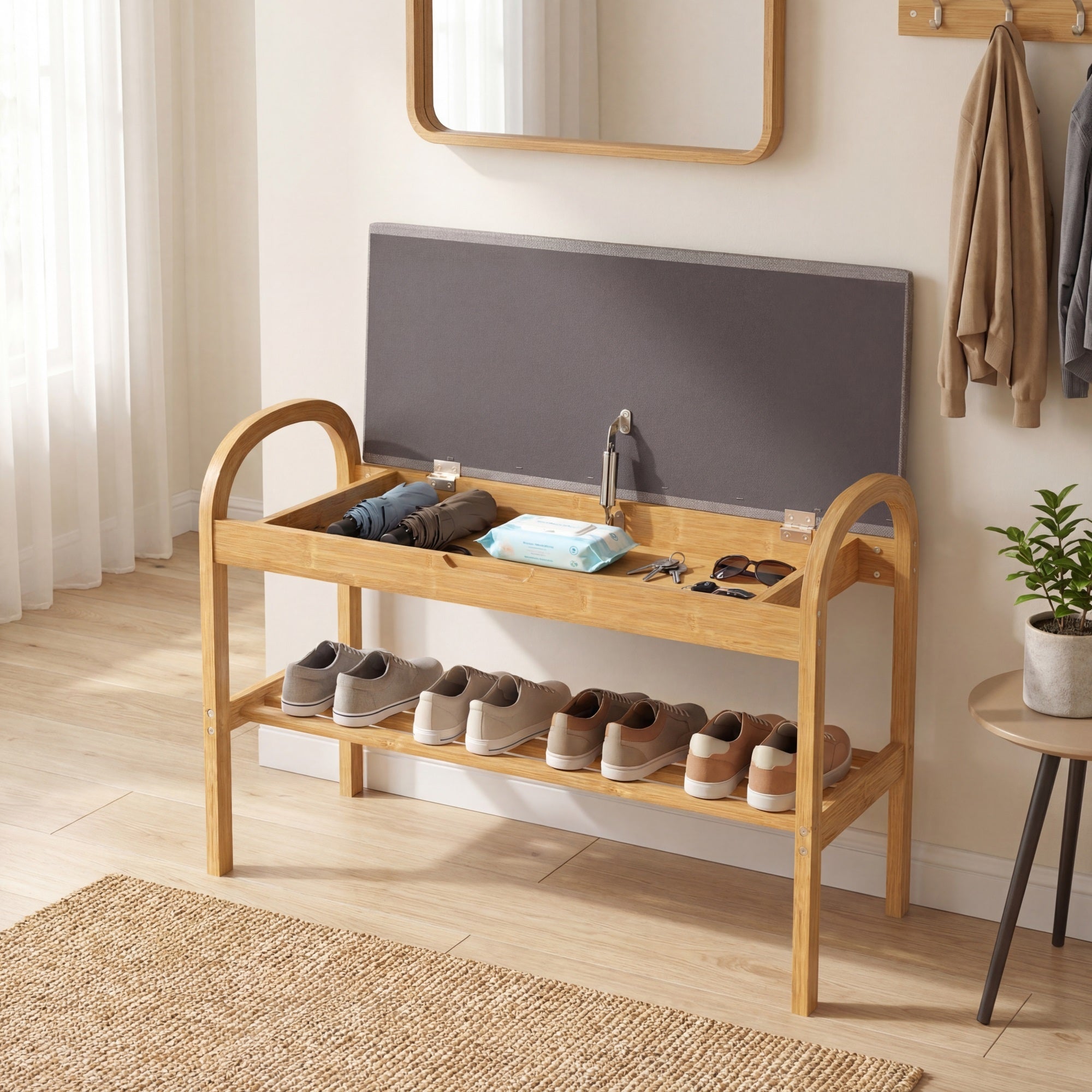 ELLEGNT Bamboo Shoe Bench with Flip Top Storage-2-Tier Entryway Shoe Rack for Hallway or Small Space Natural +  gray