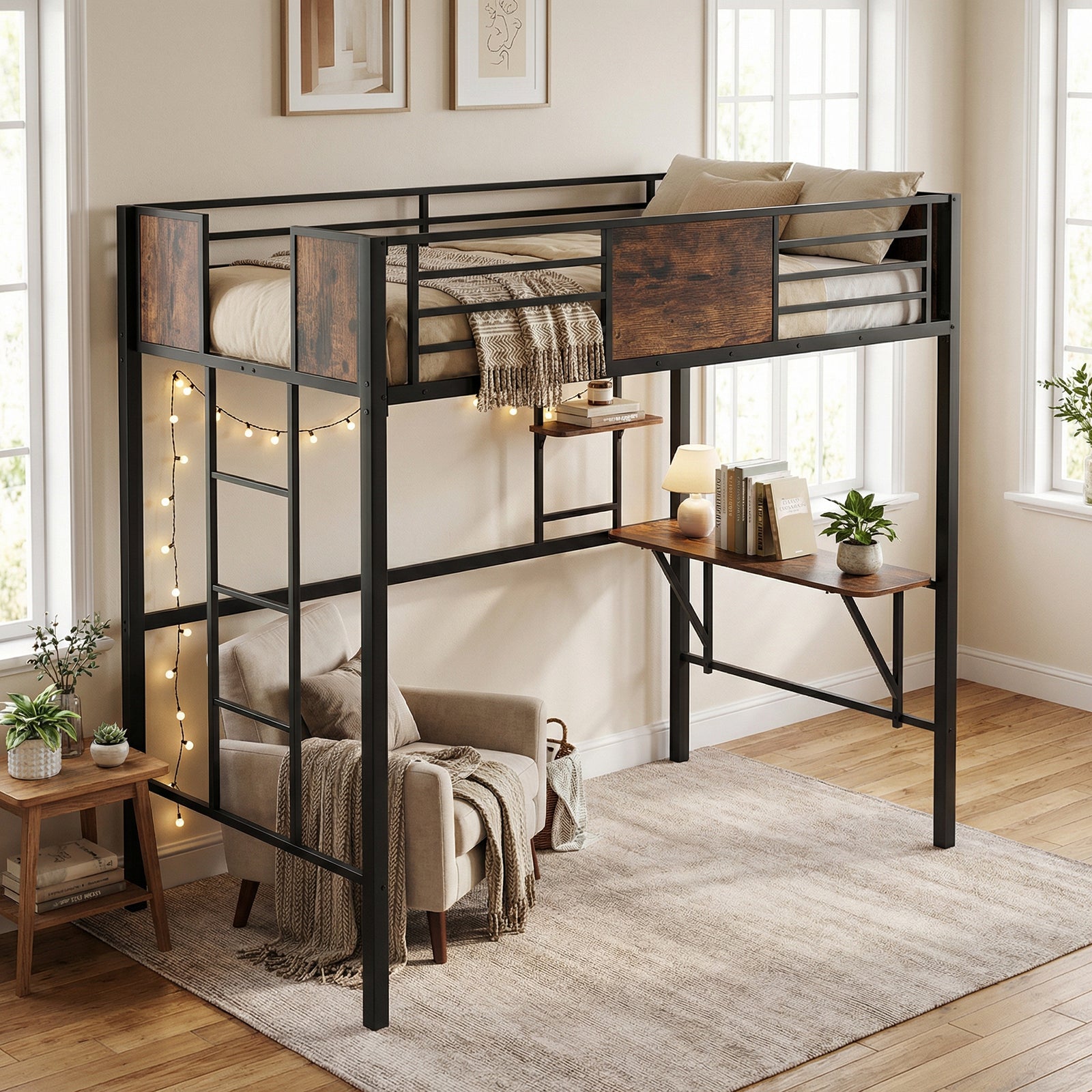 ELLEGNT Space-Saving Twin Loft Bed with Built-in Desk-Heavy-Duty Metal Frame with Guardrail and Ladder