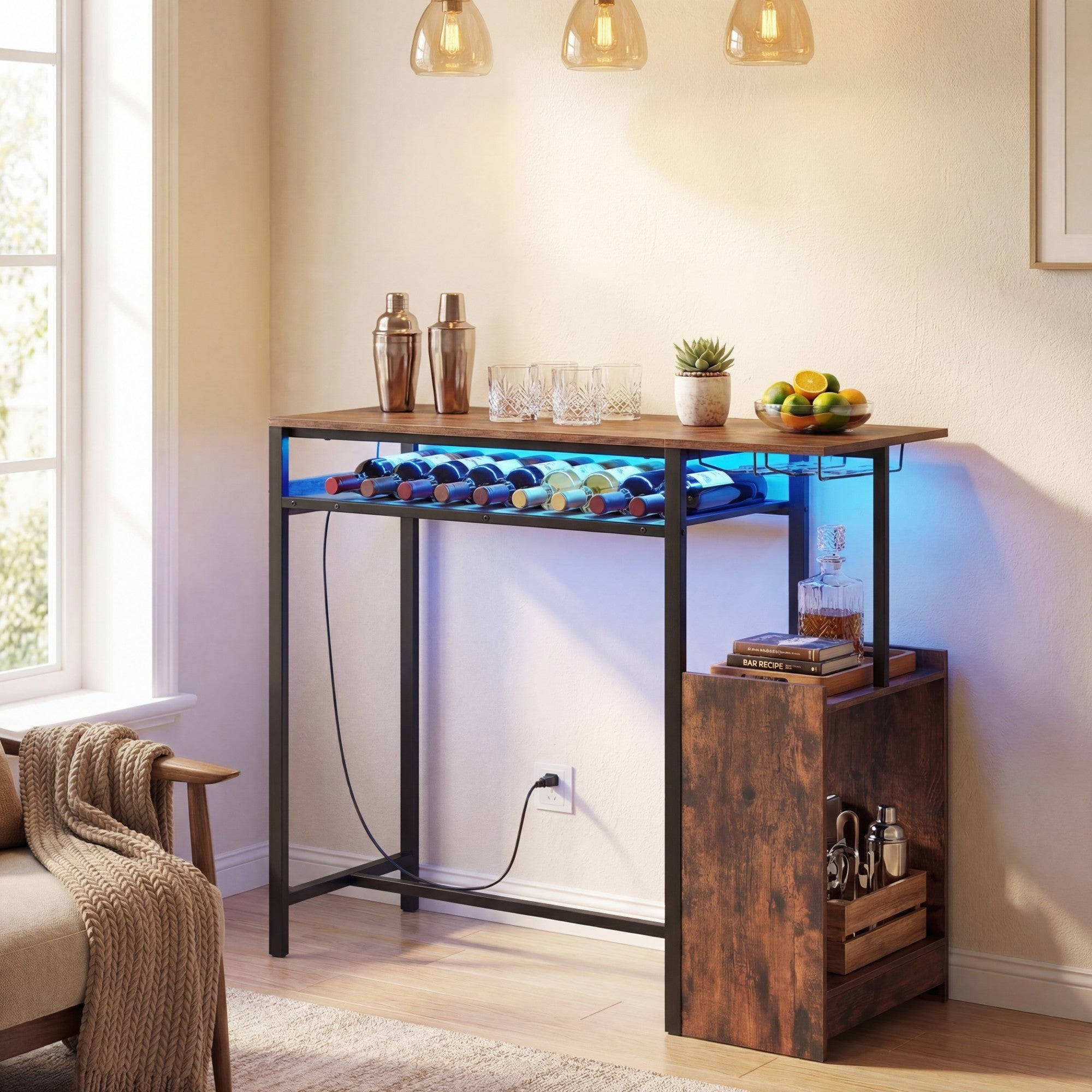 ELLEGNT Bar Table with Wine Rack and 2?Row Glass Rack-Rectangular, LED Light and Charging Station Included