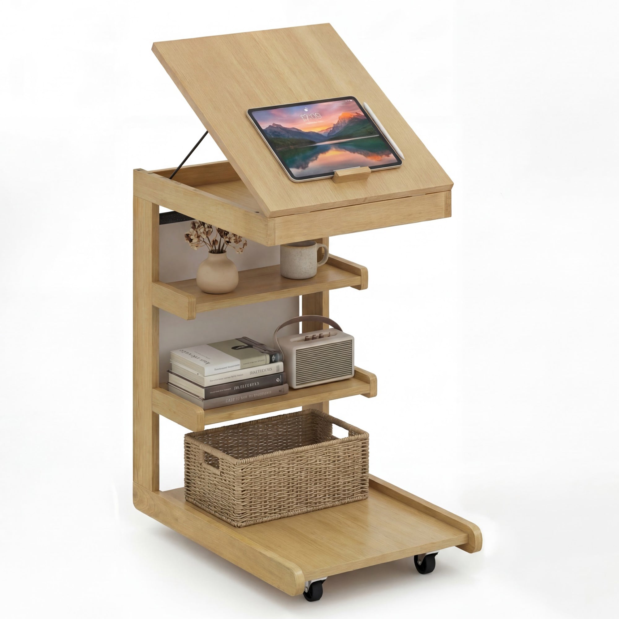 ELLEGNT 1 PCS Rolling C-Table with Storage Pocket, Height-Adjustable Top, Edge Stopper, Natural
