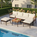 ELLEGNT 7 PCS Wicker Patio Furniture Set-Ottomans, Side Table, Acacia Wood Tabletop, Armrests, Mix Brown + Off White