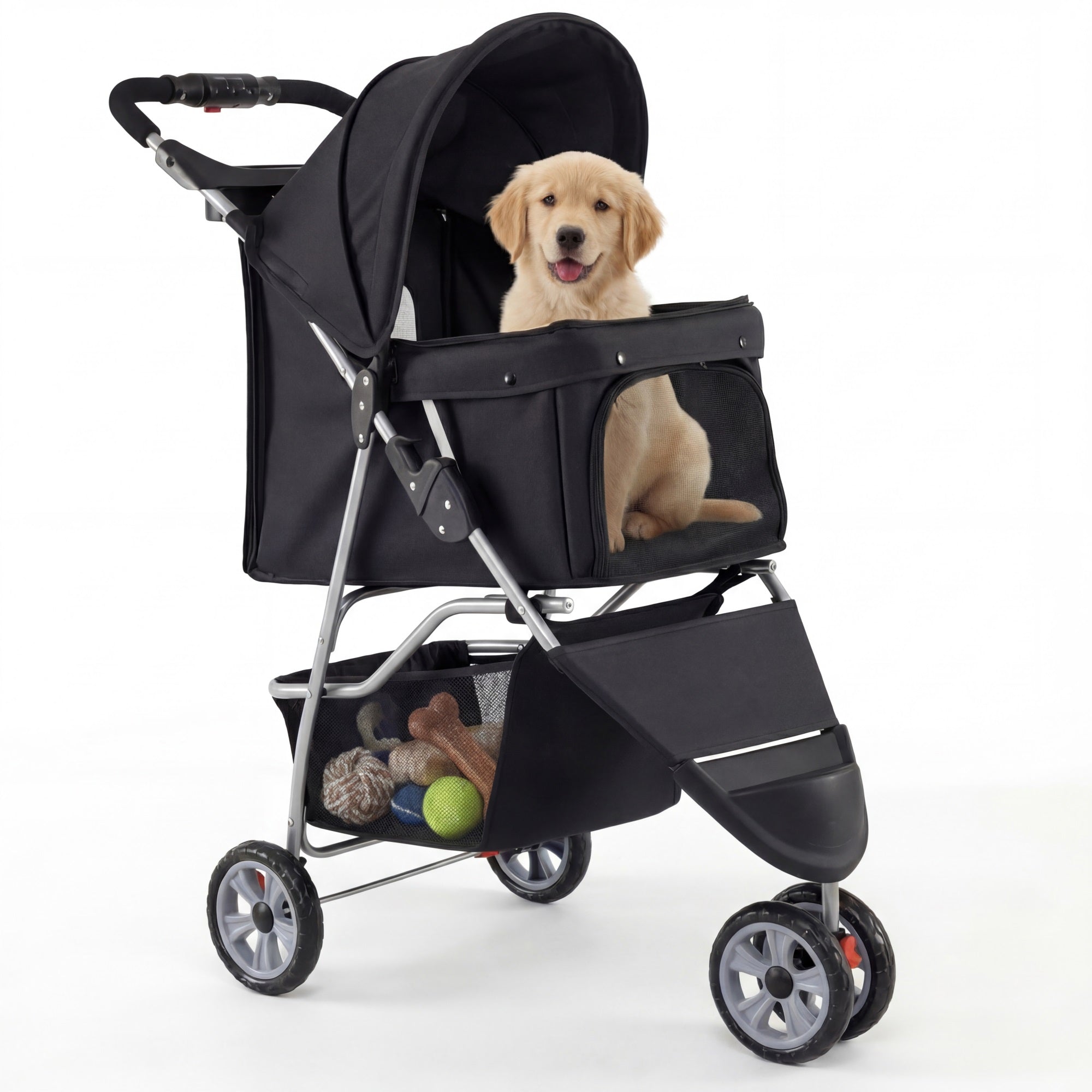 ELLEGNT 3-Wheel Pet Stroller up to 33 lbs-Foldable Dog Cat Travel Carrier with Breathable Mesh for Small Pets Black