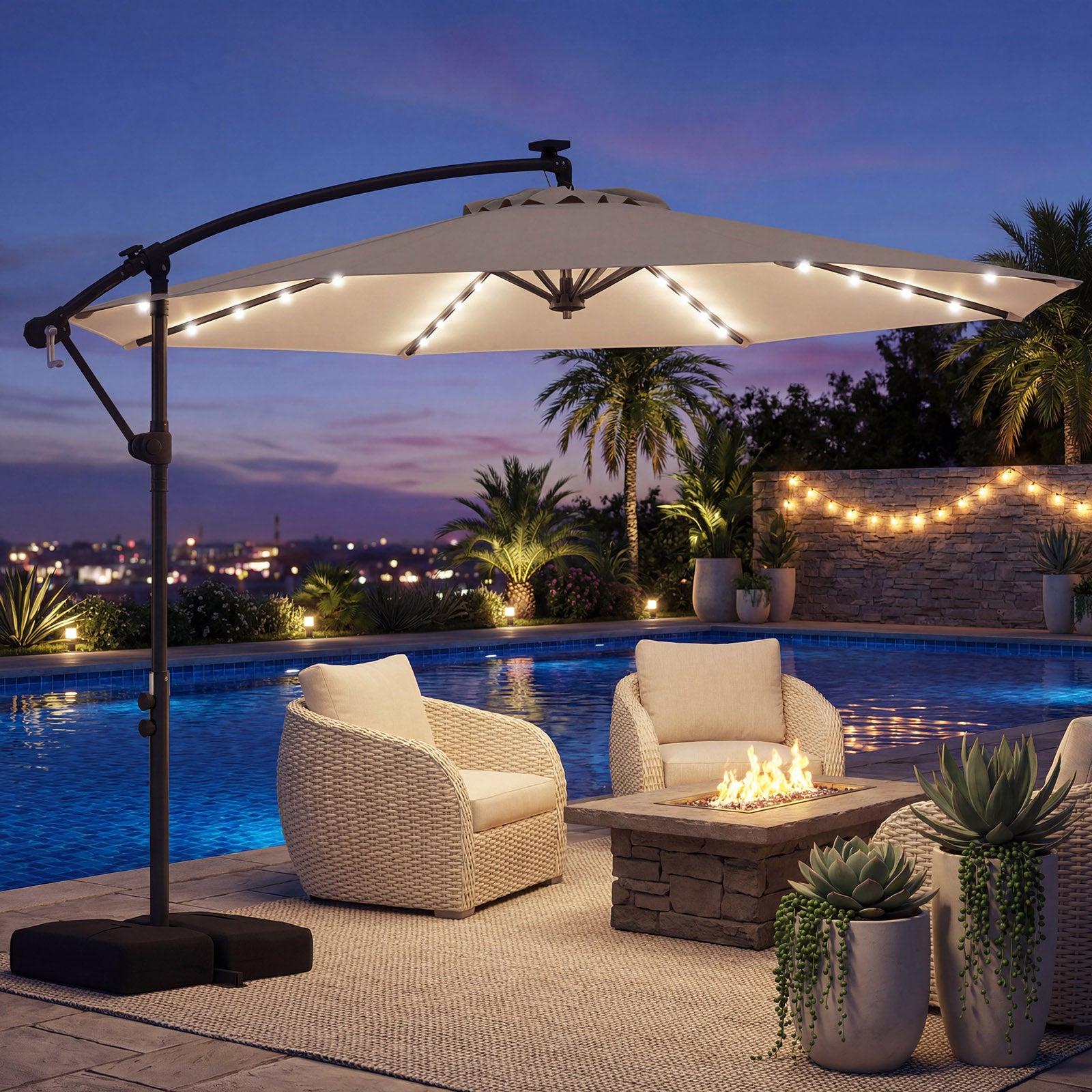 ELLEGNT 10 FT Solar Cantilever Umbrella-Offset Hanging Patio Umbrella with 32 LED Lights for Outdoor Use, Beige
