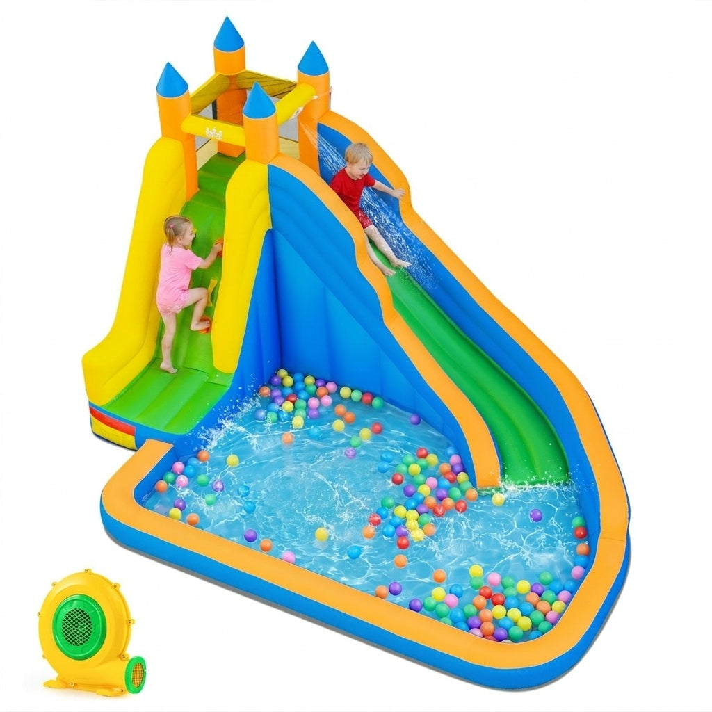 ELLEGNT 3-in-1 Inflatable Water Park, Bounce House, Water Park with Curved Slide, Climbing Wall & Large Splash Pool for Backyard Kids Parties, with 680W Blower