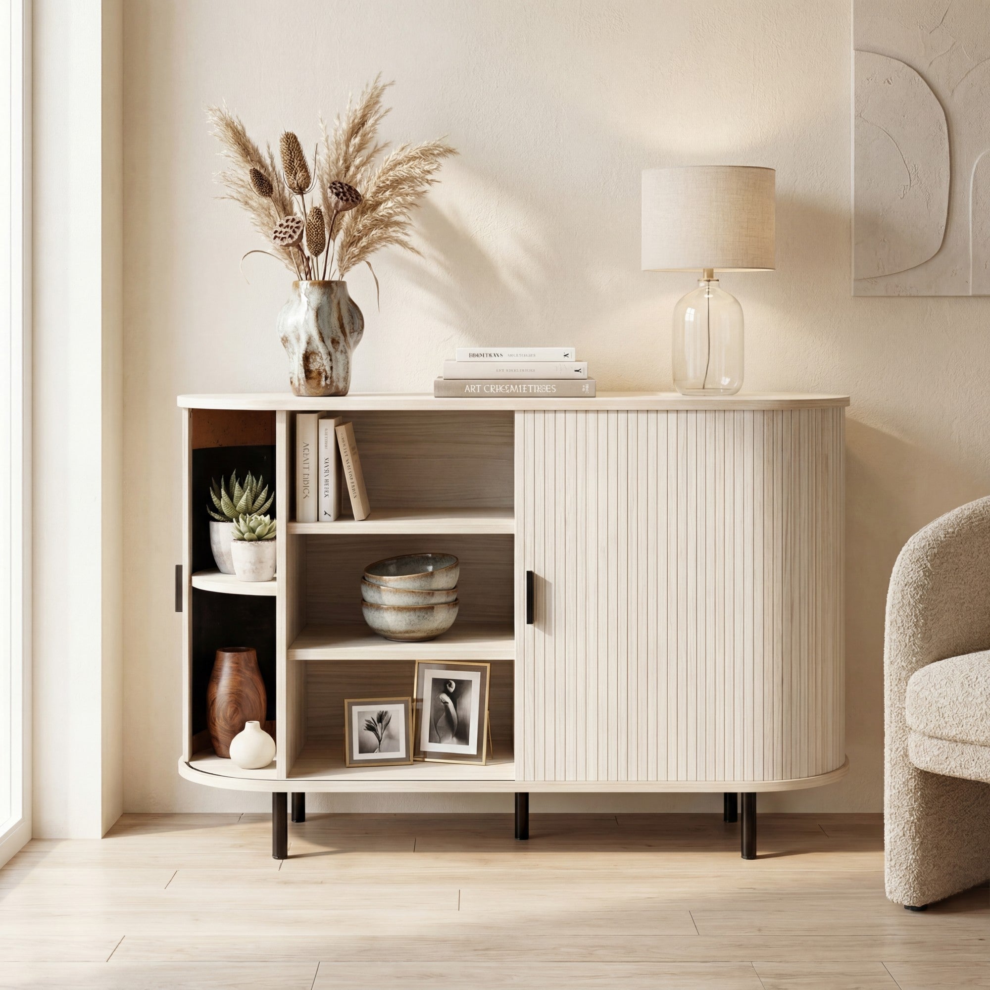 ELLEGNT 47 in Fluted Sideboard with Metal Legs-Buffet Cabinet, Coffee Bar Console Table for Living Room or Entryway Gray