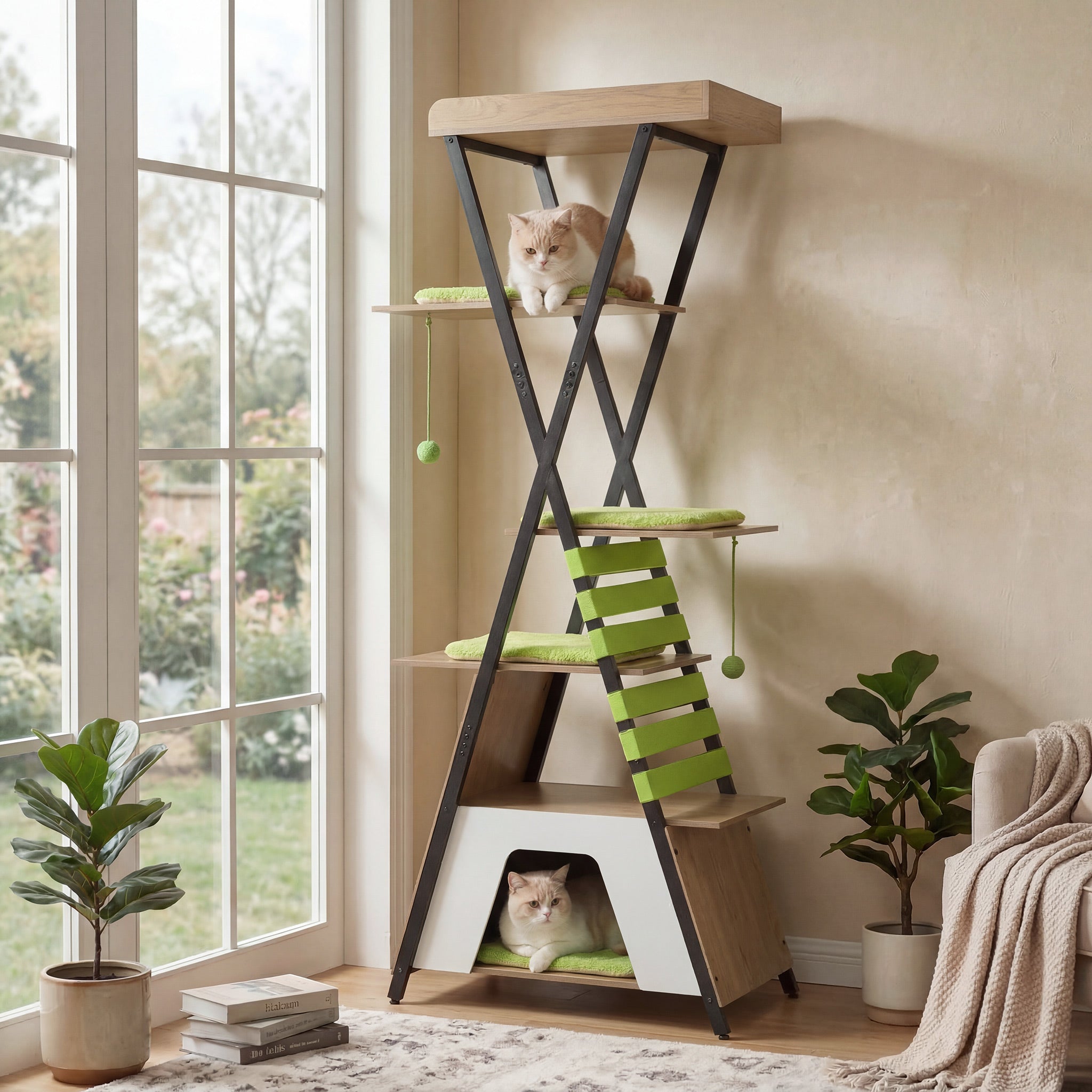 ELLEGNT 73 in Multi-level Cat Tower with Elevated Perch and Large Condo-Wooden Cat Tree with Dangling Balls, Green and Natural