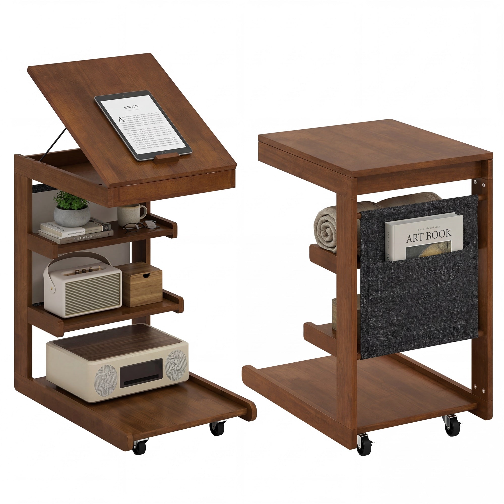 ELLEGNT 2 PCS Rolling C-Table with Storage Pocket, Height-Adjustable Top, Edge Stopper, Brown
