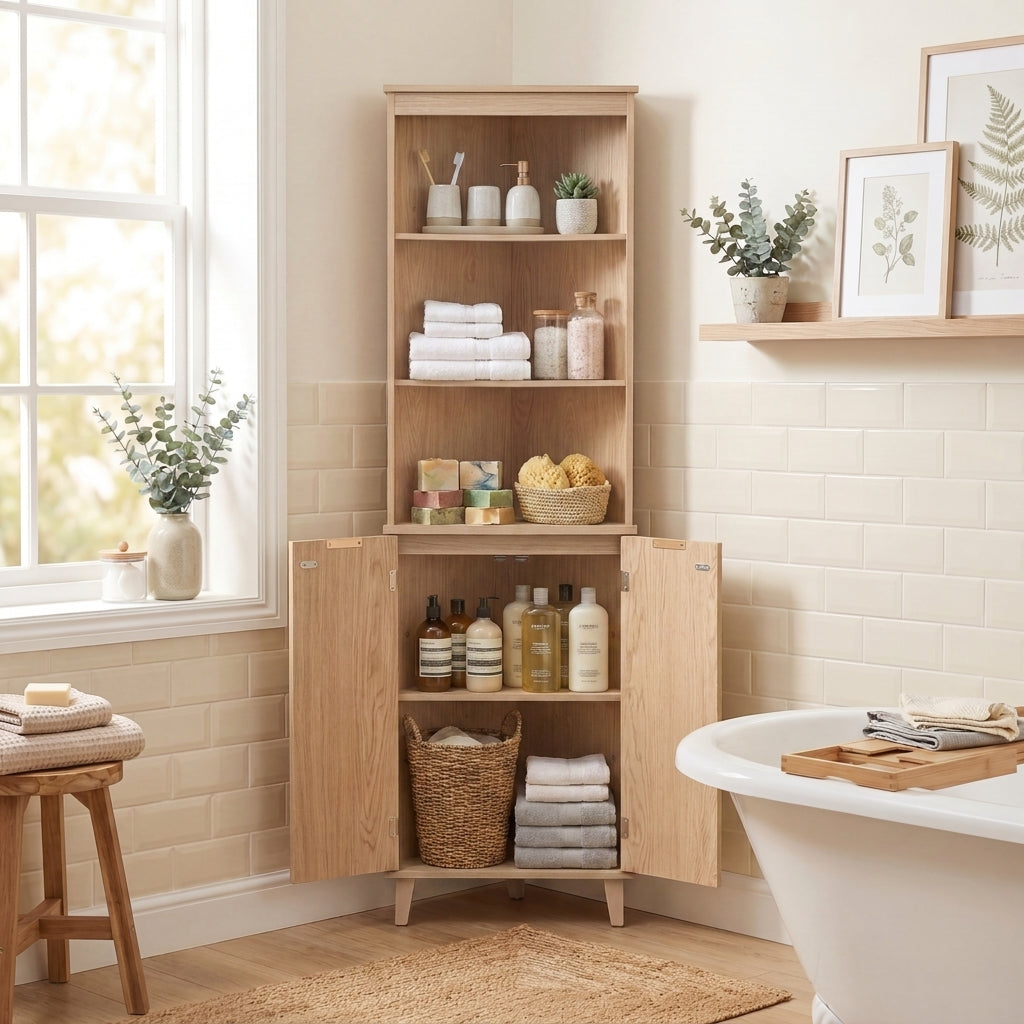 ELLEGNT 68 in Corner Bathroom Storage Cabinet-6-Tier Space Saver with Fluted Doors, Tall Unit for Bathroom, Oak