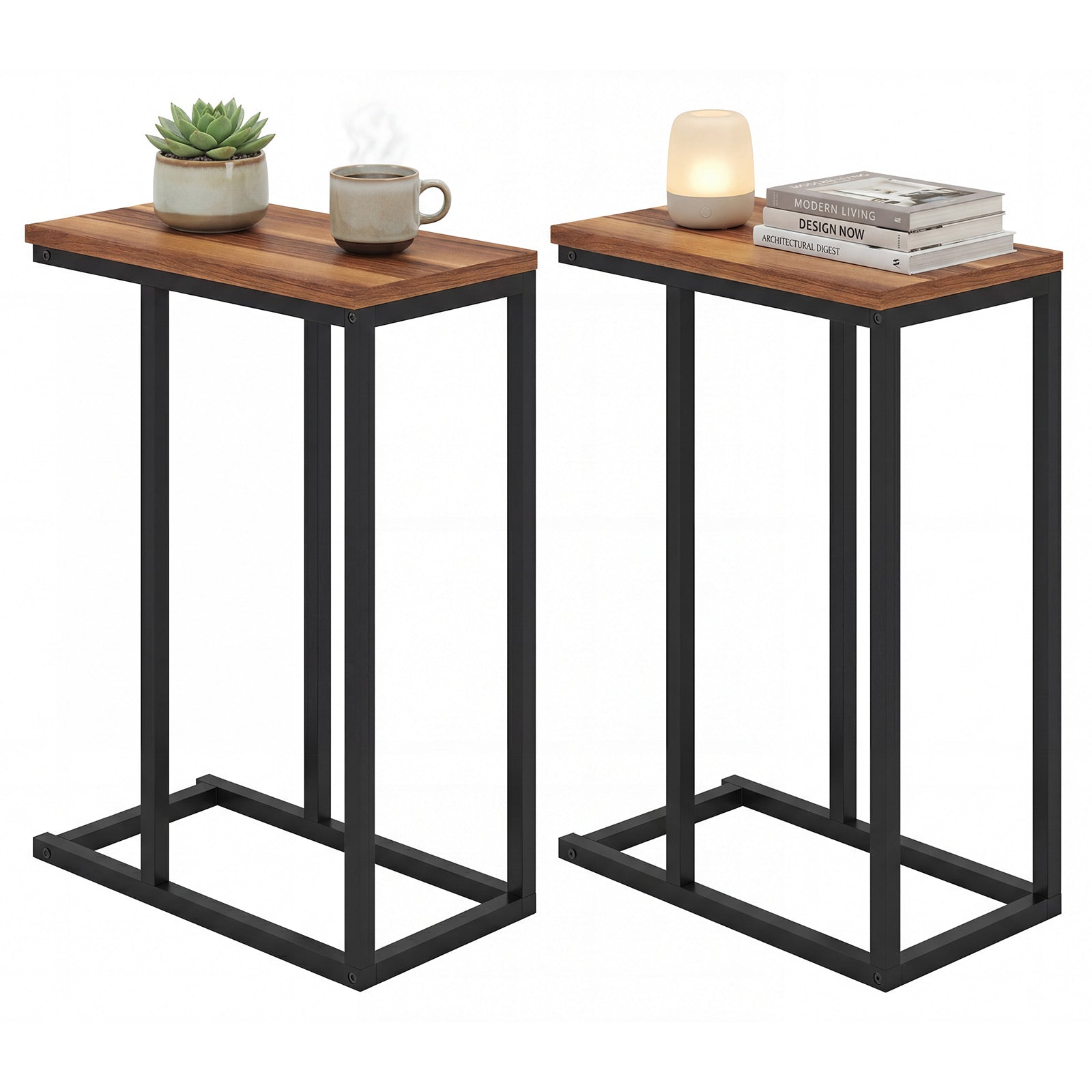 ELLEGNT 2 PCS C-Shaped End Table with Adjustable Foot Pads-Small Snack Side Table for Living Room, Couch, or Bedroom Rustic Brown