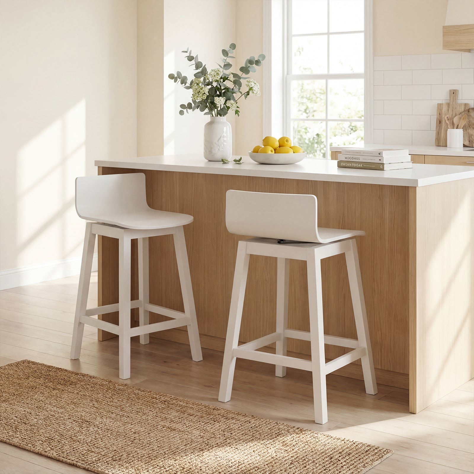 ELLEGNT 2-Pack 24.5 in Bar Stools, Counter Height with Footrest, Solid Rubberwood Legs White