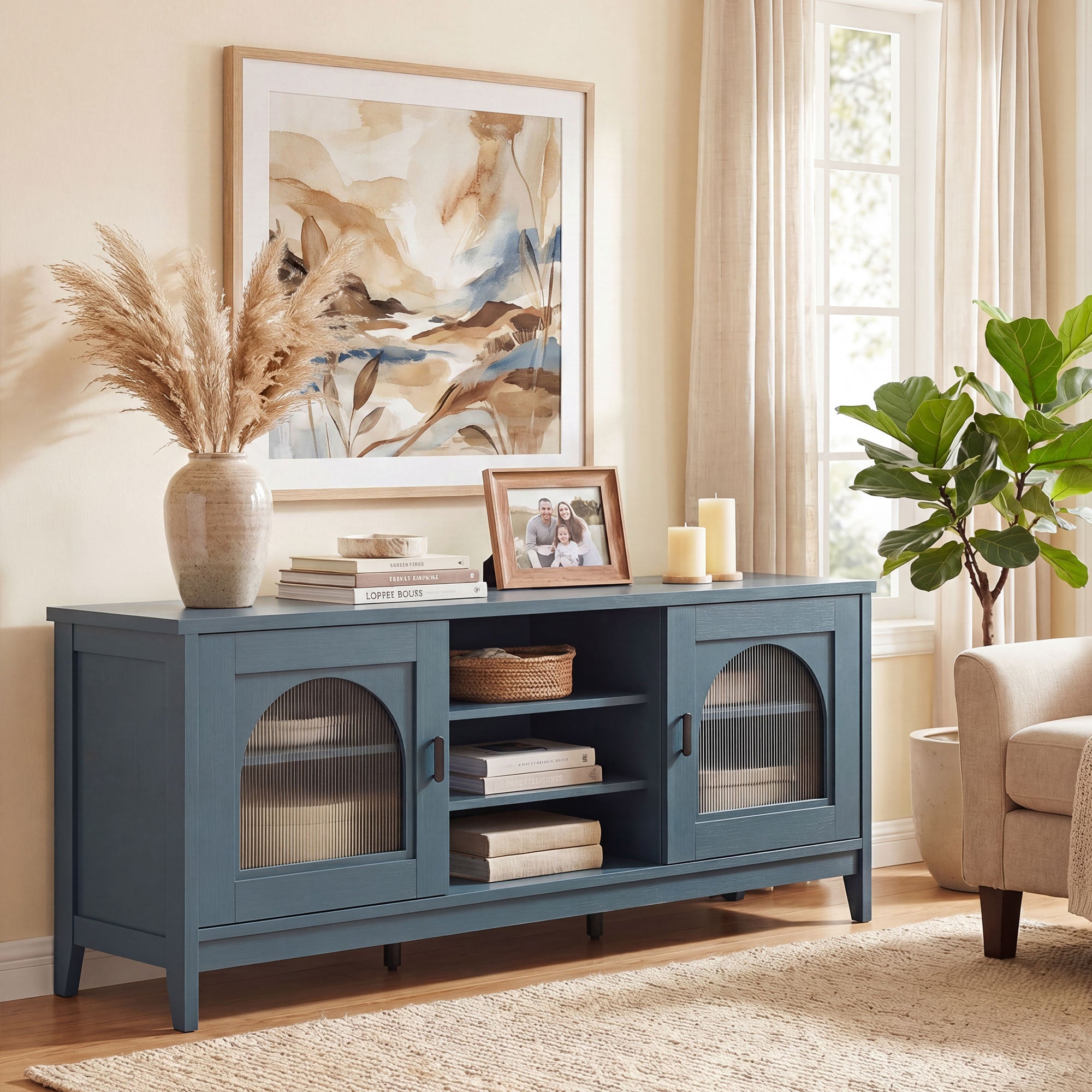 ELLEGNT TV Stand for TVs up to 65 in-Farmhouse Modern Vintage Entertainment Center, TV Cabinet for Living Room, Green