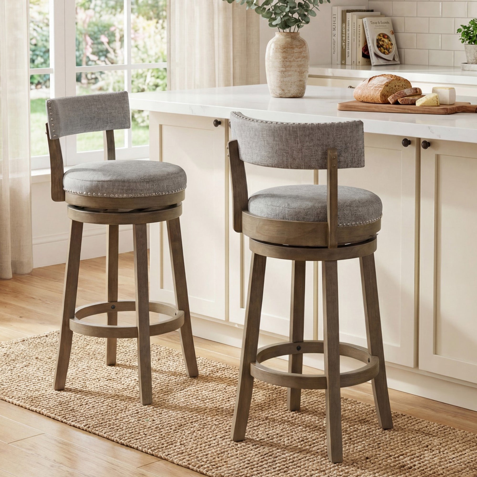 ELLEGNT 2 PCS, 31.5 in Upholstered Swivel Bar Stool with Back-Wooden Counter Height Kitchen Chair, Gray