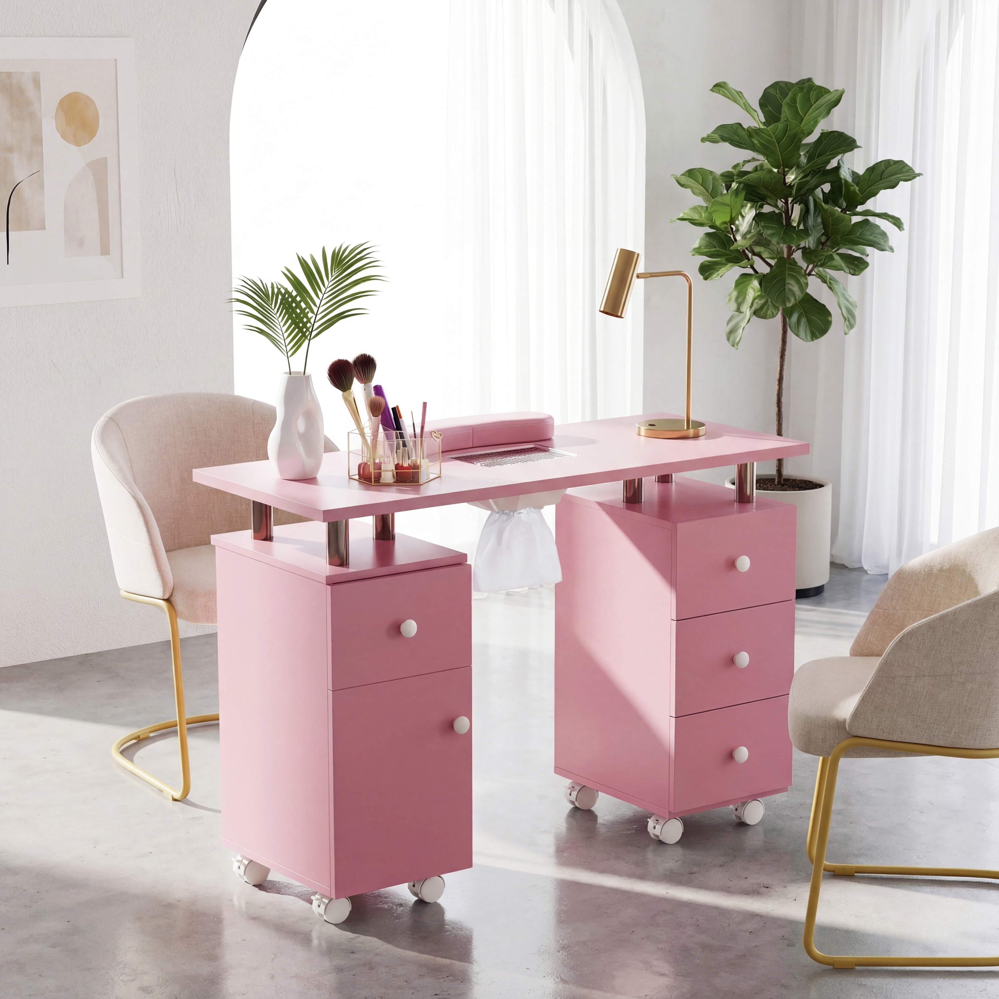 ELLEGNT Electric Dust Collector Manicure Table with 8 Lockable Wheels-Rolling Nail Desk with 3 Dust Bags and Wrist Rest Pink