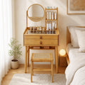 ELLEGNT Bamboo Makeup Vanity Desk with Rotating Mirror, 2 Drawers, Shelves, Glass Top, Natural
