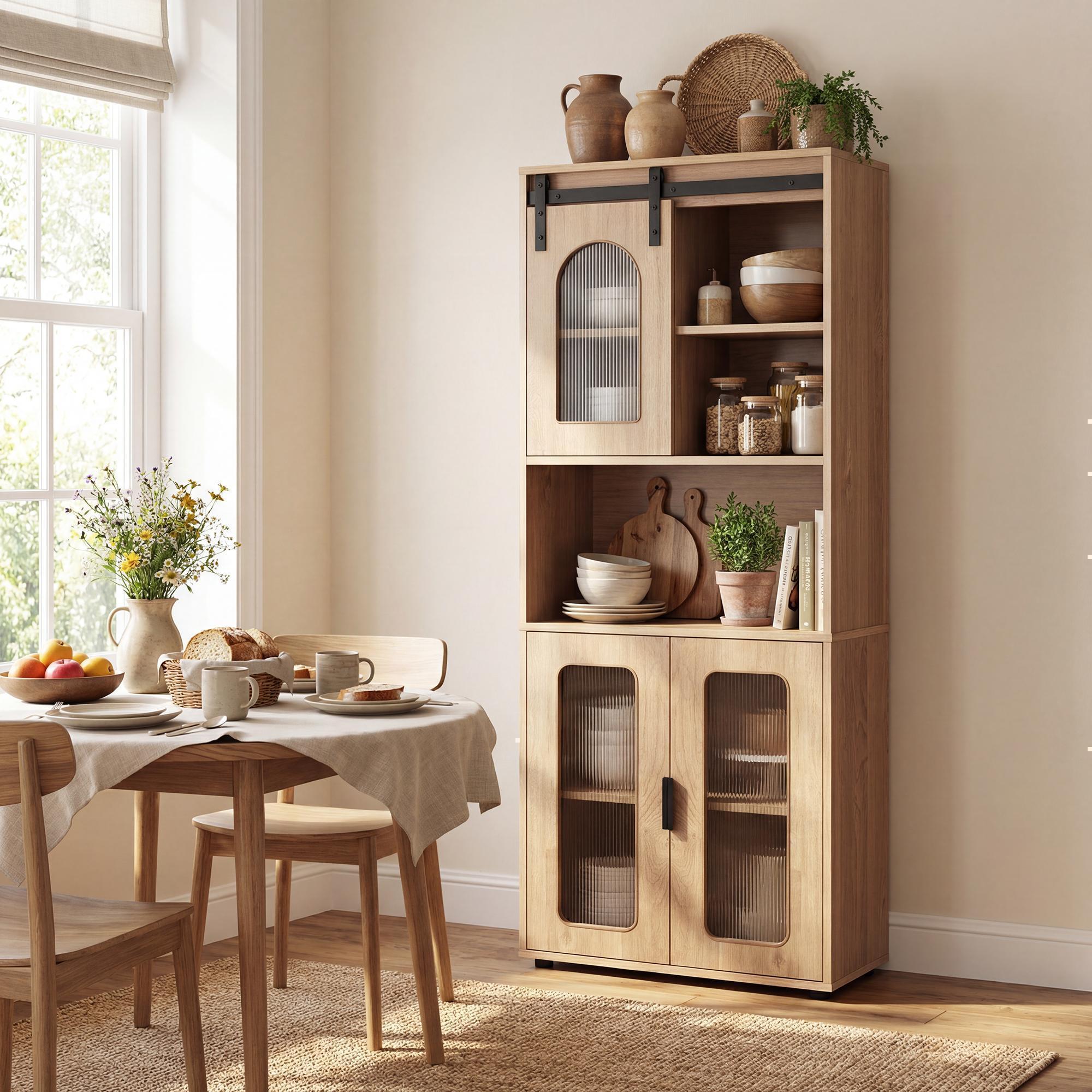 ELLEGNT Sliding Barn Door Linen Cabinet-59 inH Farmhouse Freestanding Storage with Shelves, for Bathroom, Kitchen, Entryway, Natural