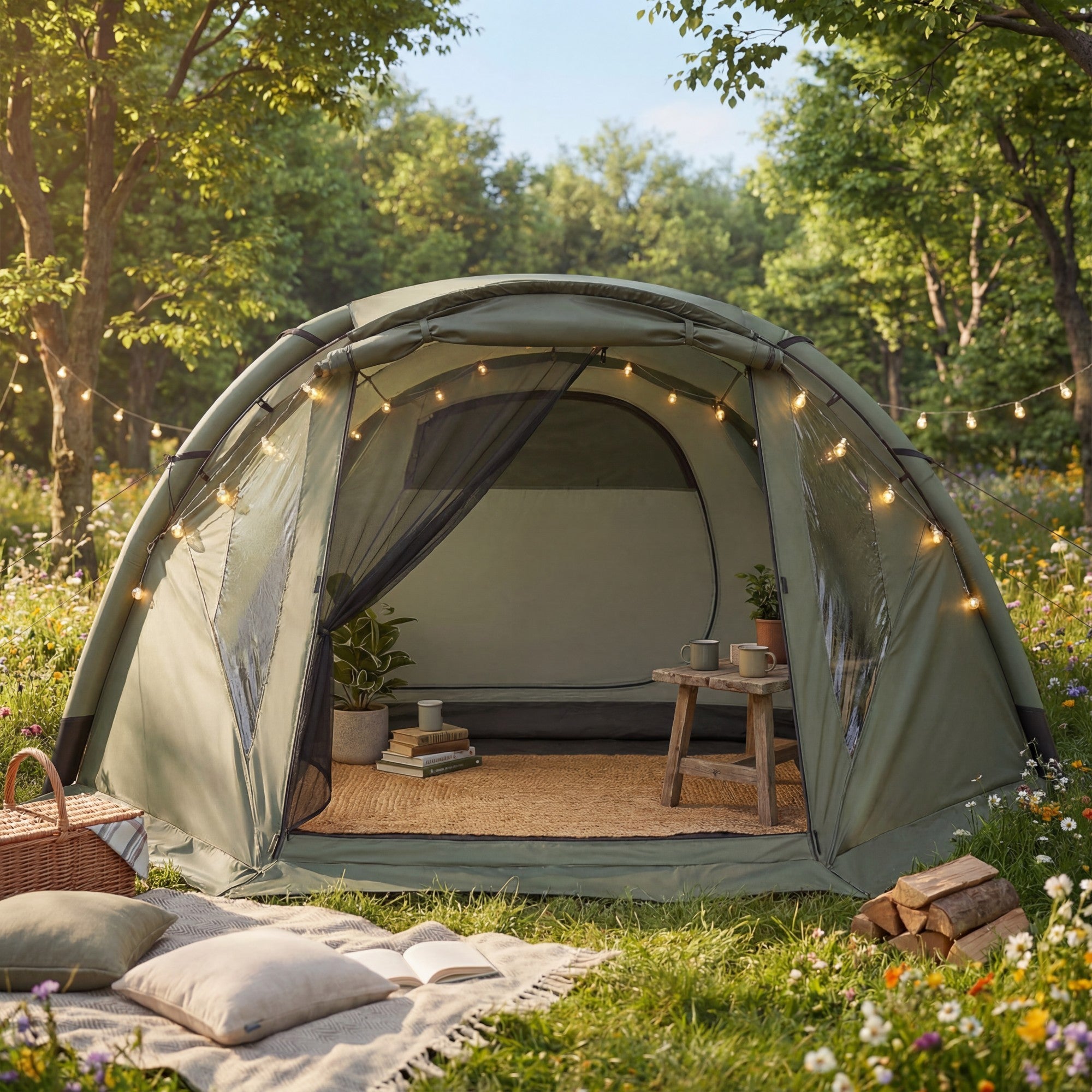 ELLEGNT Camping Tent with Mesh Porch and Transparent Windows-Inflatable Design, Screened Door for Airflow