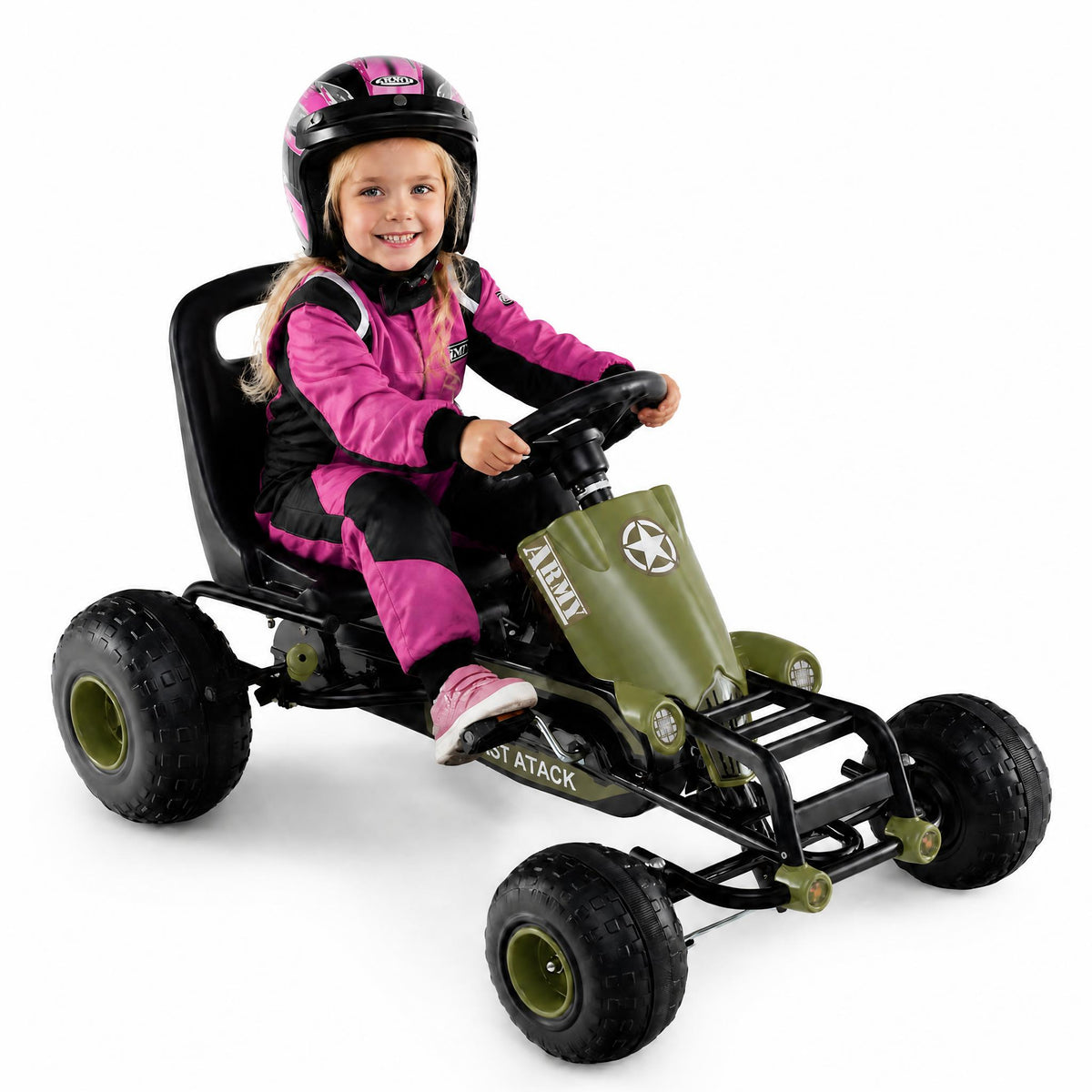 ELLEGNT Premium Kids Go Kart 4-Wheel Pedal Car with Hand Brake Adjustable Seat for Ages 3+, Green