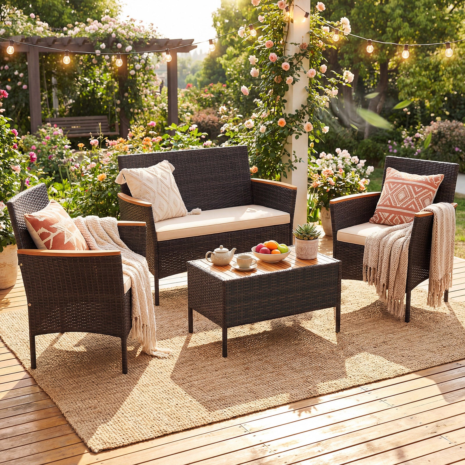 ELLEGNT Outdoor Wicker Sectional Sofa Set with Coffee Table-4-Piece Patio Furniture with Solid Acacia Wood Accents