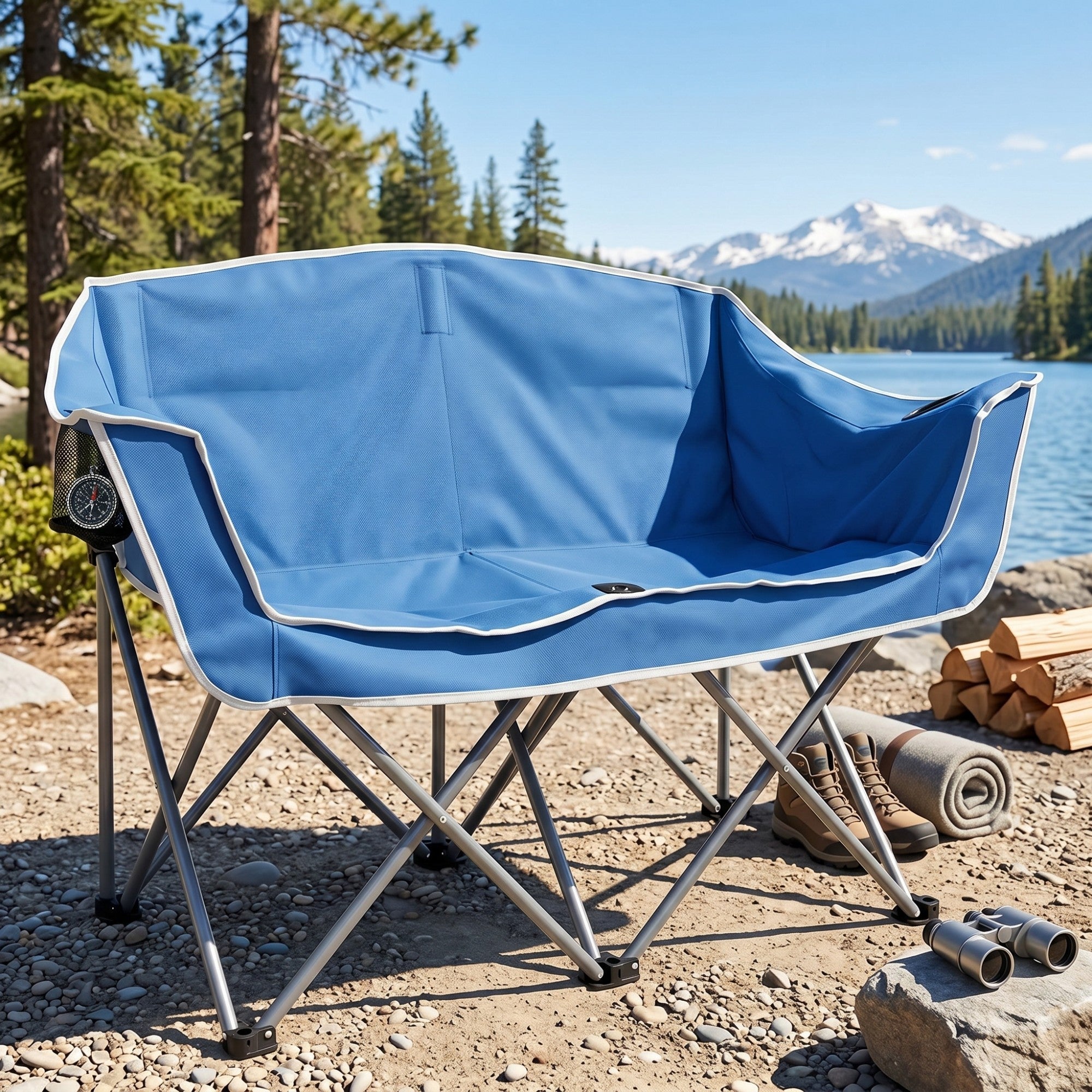 ELLEGNT Double Camping Chair with Cup Holders and Armrests-Heavy Duty Outdoor Lawn Chair, Includes Carry Bag, Blue