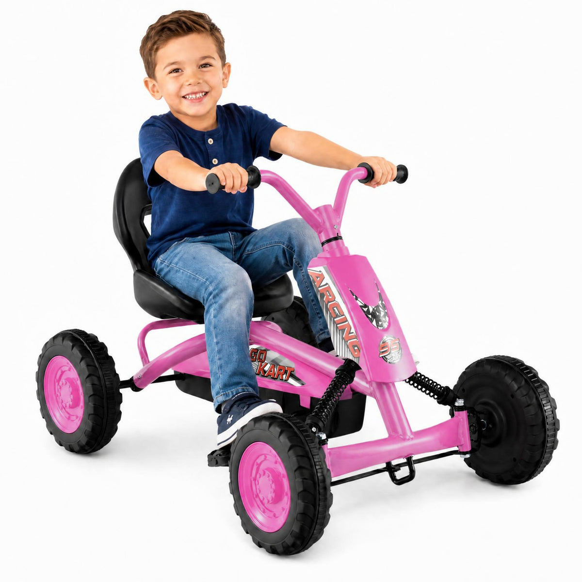 ELLEGNT Kids Pedal Go Kart, 4 Wheel Ride On Racer with Adjustable Seat and Steering, Age 3+, Pink