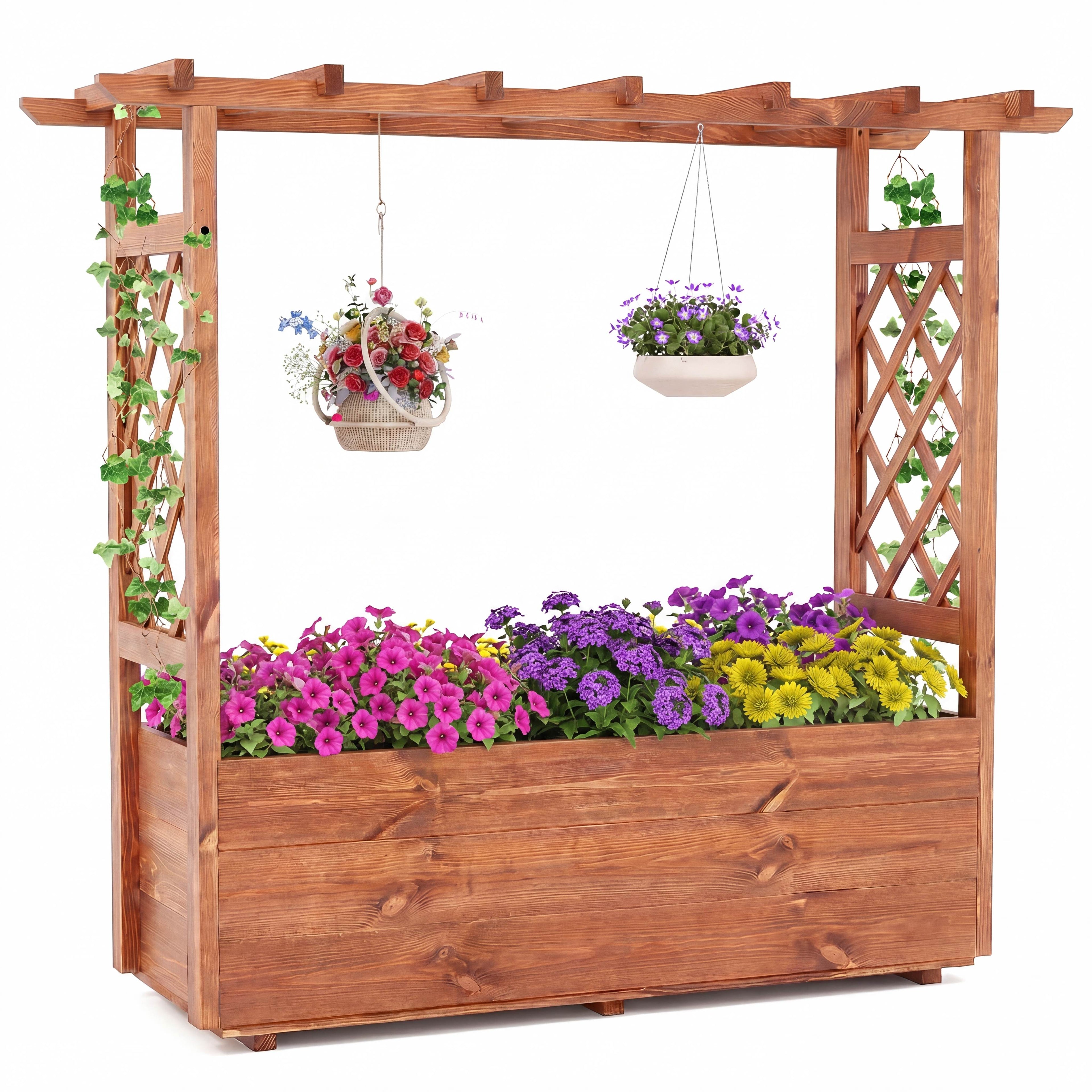 ELLEGNT 1 PCS Wooden Raised Planter with Lattice Trellis and Hanging Roof-Drainage Holes