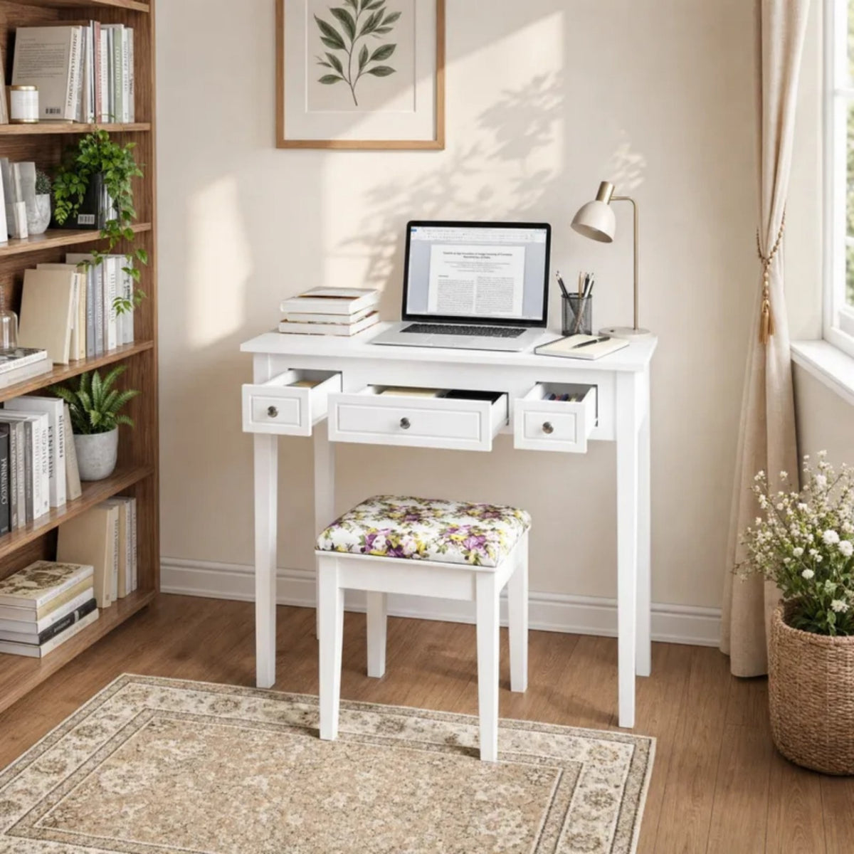 ELLEGNT White Compact Vanity Desk Set with Flip Top Mirror, 3 Drawers, Hidden Storage, Stool
