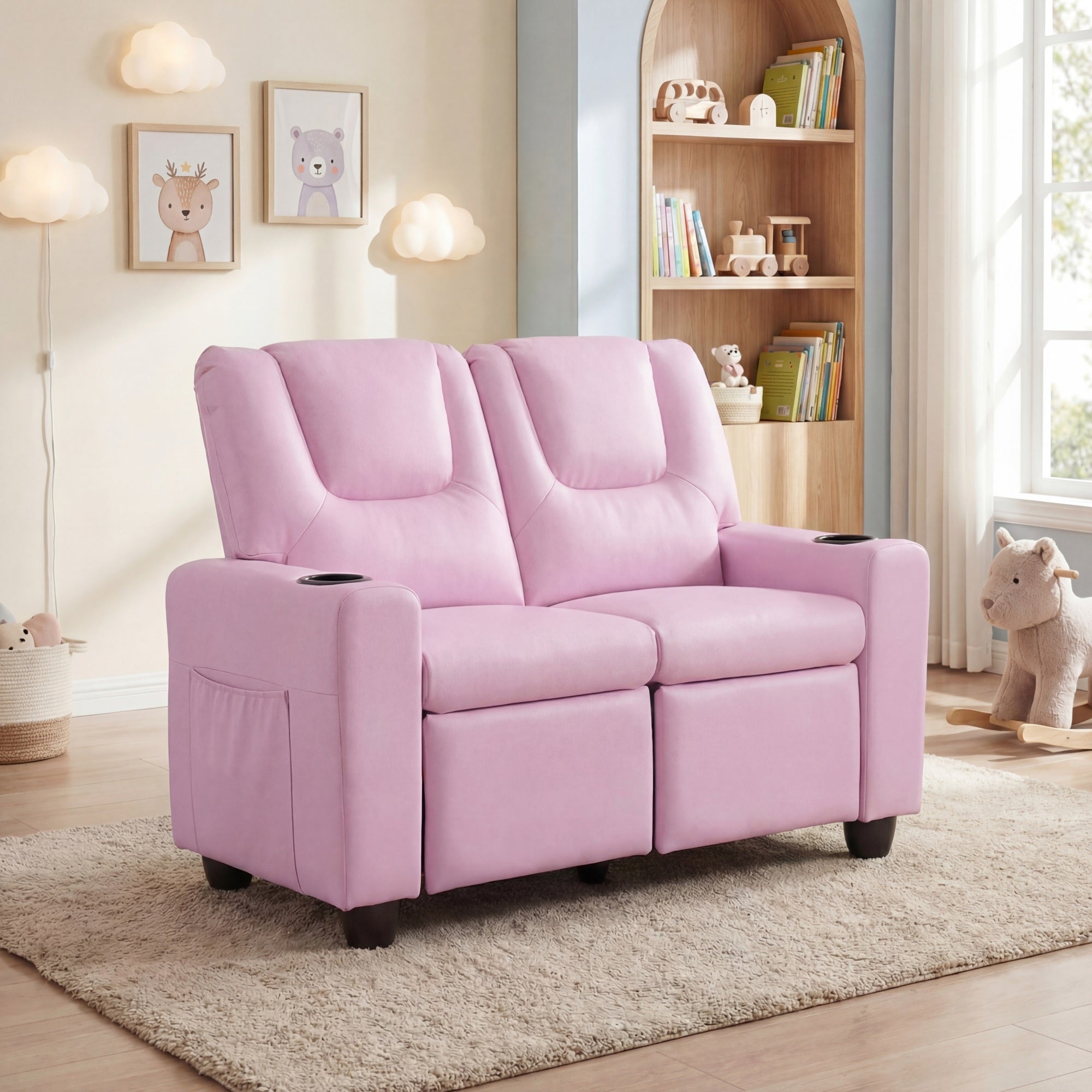 ELLEGNT 2-Seater Kids Recliner-Adjustable Back, Cup Holders and Side Pockets Pink