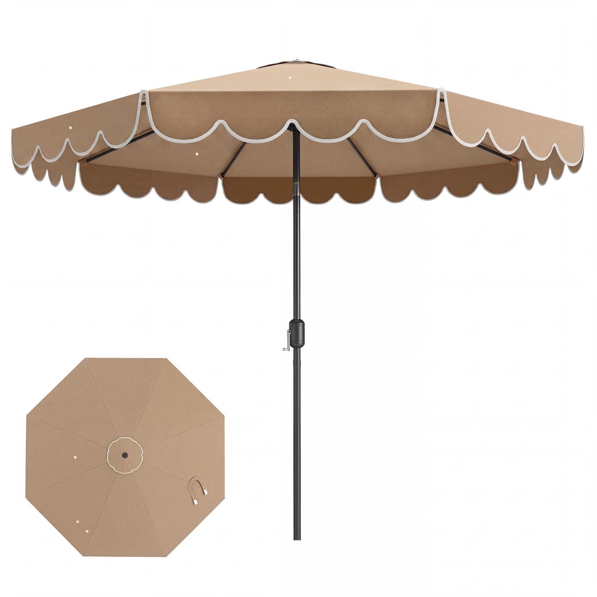 ELLEGNT Crank Tilt 10 FT Patio Umbrella-Vented Top, 8 Ribs, Ruffles, Brown