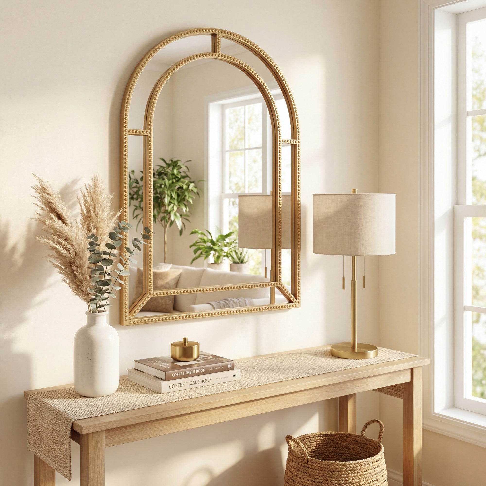 ELLEGNT 36 in x 24 in Gold Arched Wall Mirror with Beaded Frame-Ornate Decorative Mirror for Living Room, Entryway, or Fireplace Mantel