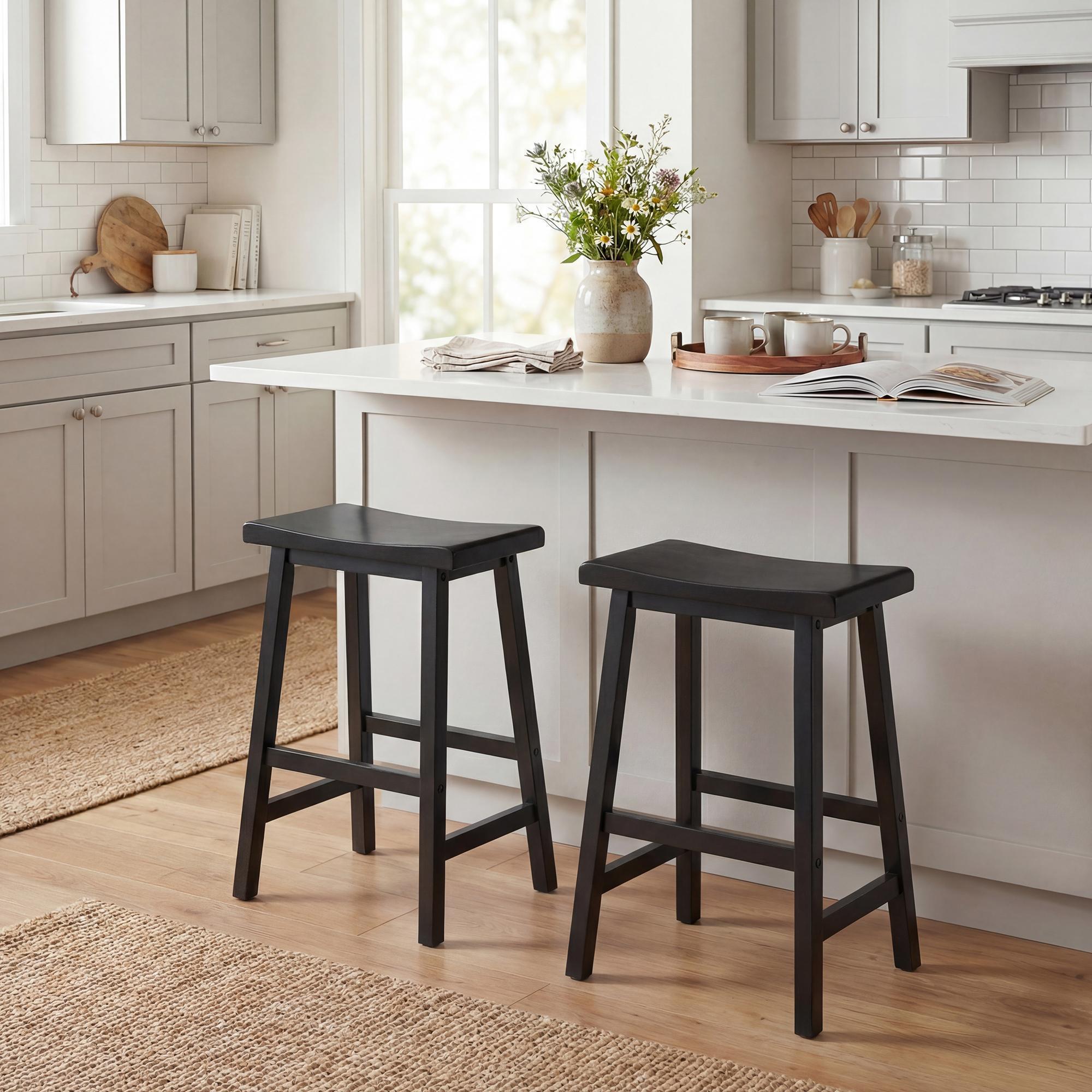 ELLEGNT 2 PCS Solid Wood Saddle Bar Stools-Backless with Footrests, Wooden Counter Stools Black