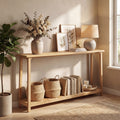 ELLEGNT Natural Teak Wood Farmhouse Console Table-71 in Large 2-Tier Sofa Table for Living Room or Entryway, Solid Wood Frame