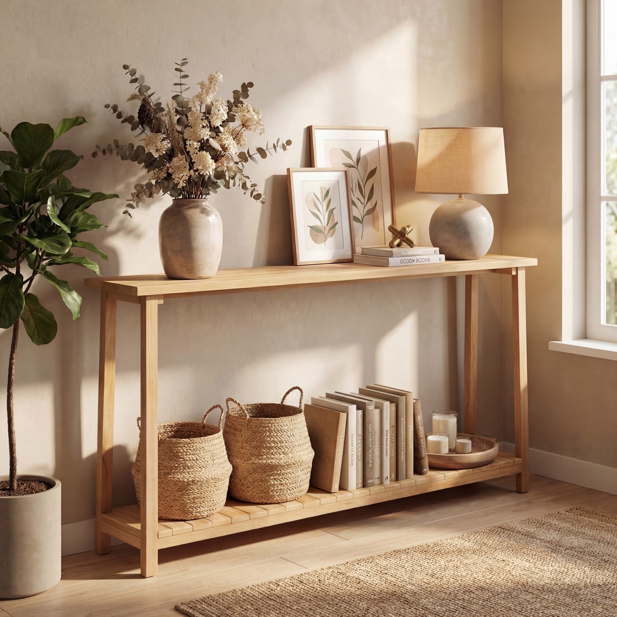 ELLEGNT Natural Teak Wood Farmhouse Console Table-71 in Large 2-Tier Sofa Table for Living Room or Entryway, Solid Wood Frame