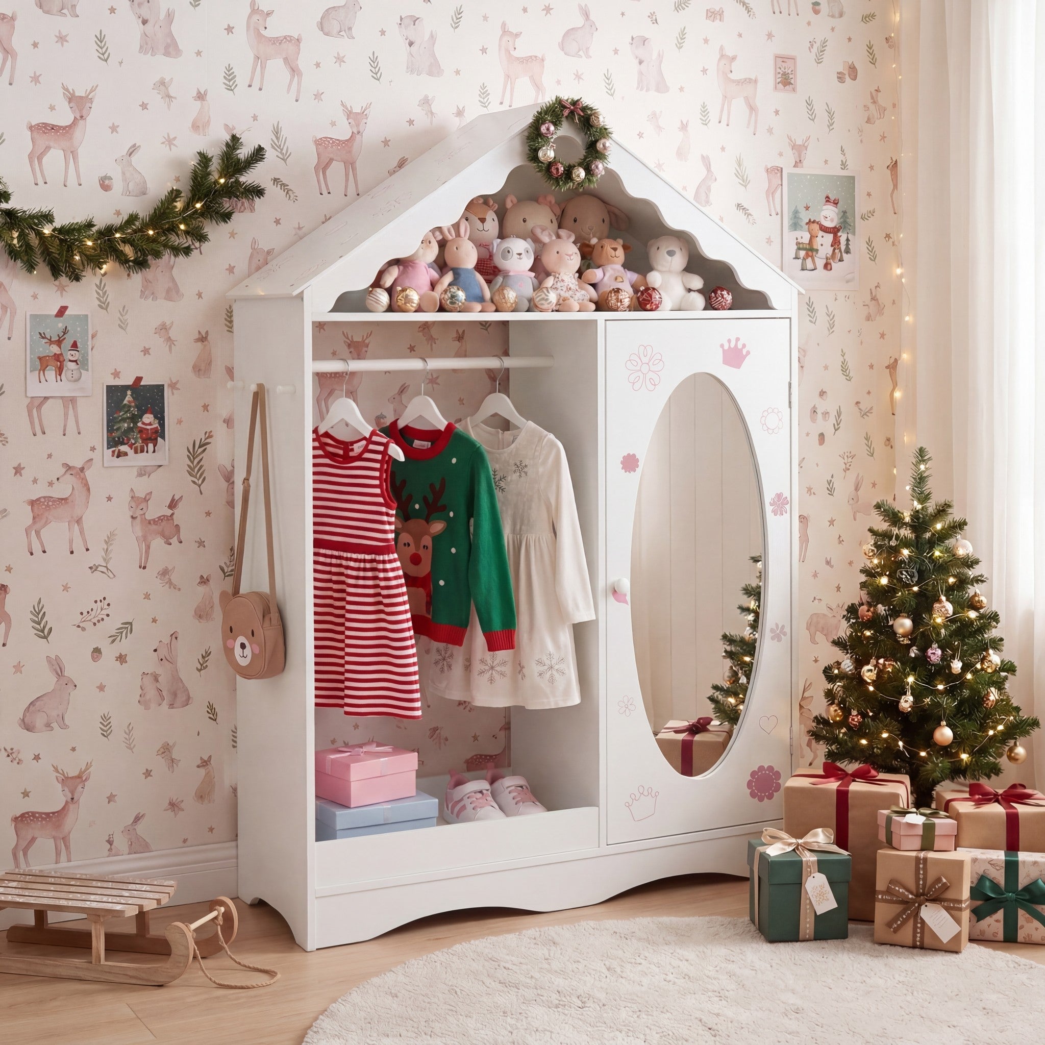 ELLEGNT Kids Wardrobe with Mirror-Roofed Dress Up Storage Closet with Open Hanging Rack White