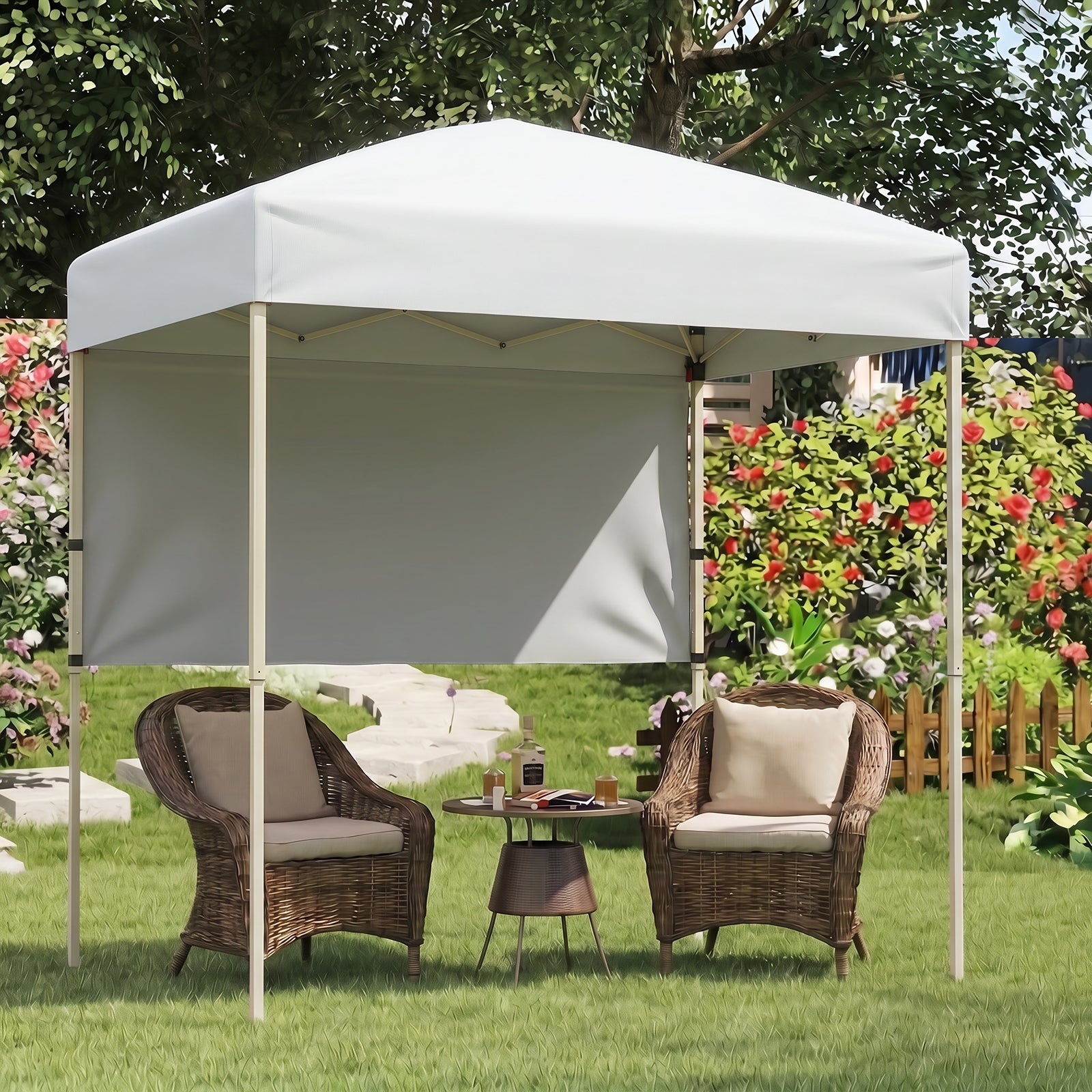 ELLEGNT Pop?Up Sun Shelter with 1 Half Sidewall-Easy Setup Folding Canopy Tent for Outdoor Use, White