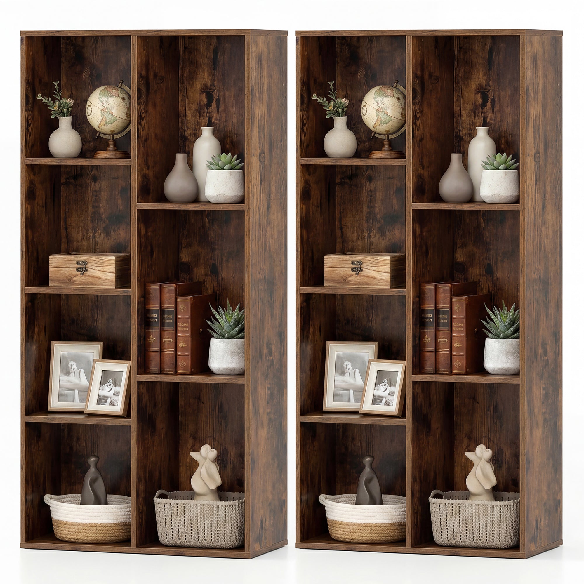 ELLEGNT 2 PCS 7-Cube Storage Bookcase-Freestanding, Vertical/Horizontal, 7 Compartments, Rustic Brown