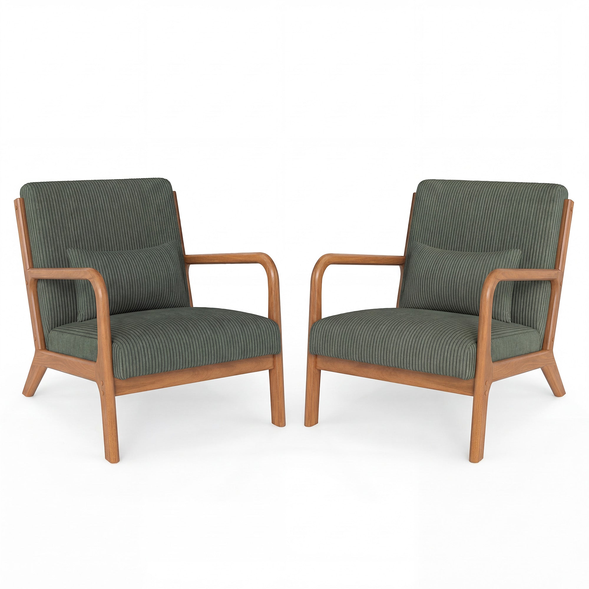 ELLEGNT 2 PCS Modern Accent Chair with Rubber Wood Armrests-Corduroy Upholstered Lounge Chair for Living Room, Bedroom Green + Brown