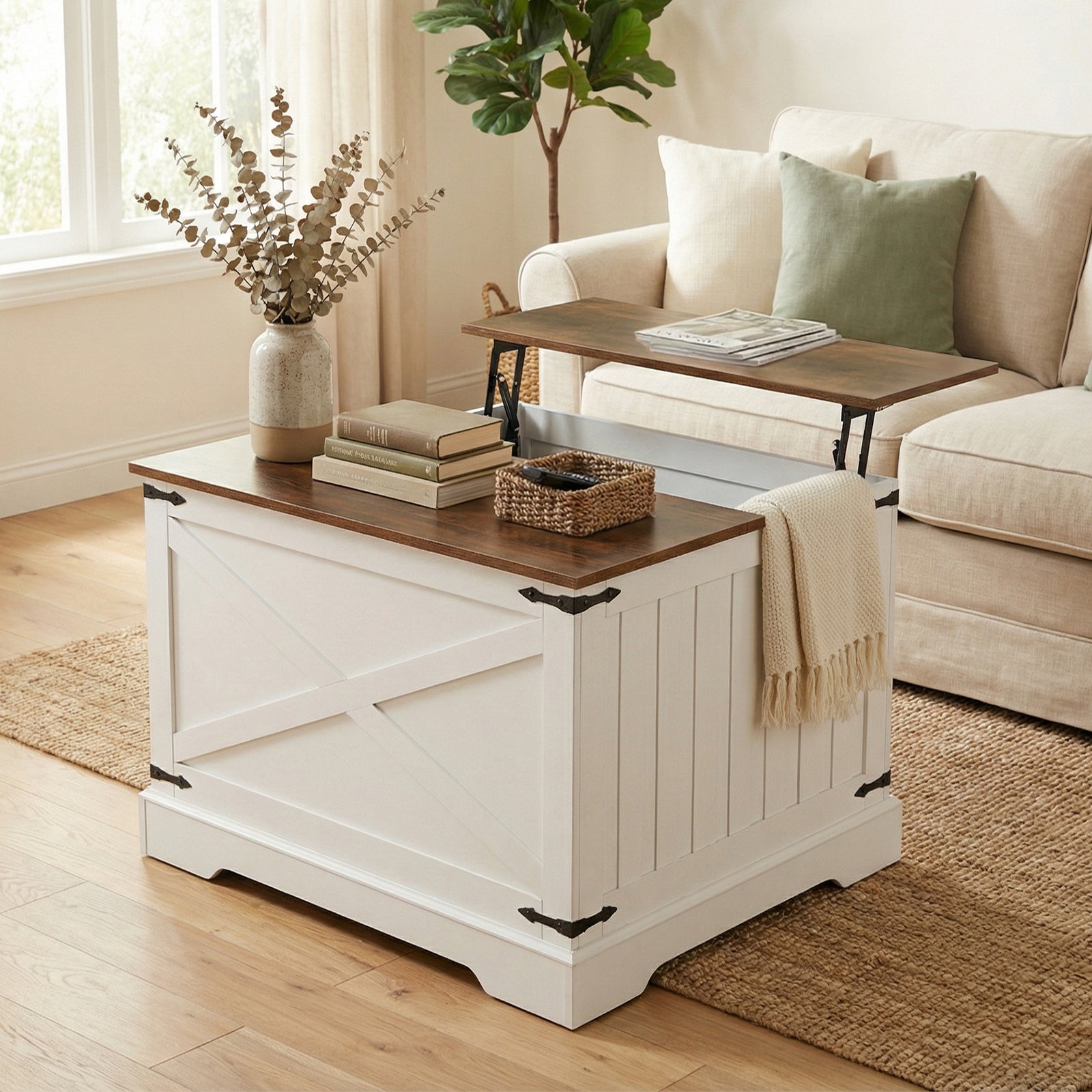 ELLEGNT Lift Top Coffee Table with Hidden Storage-31.5 in Farmhouse Wooden Cocktail Table for Living Room Brown and White