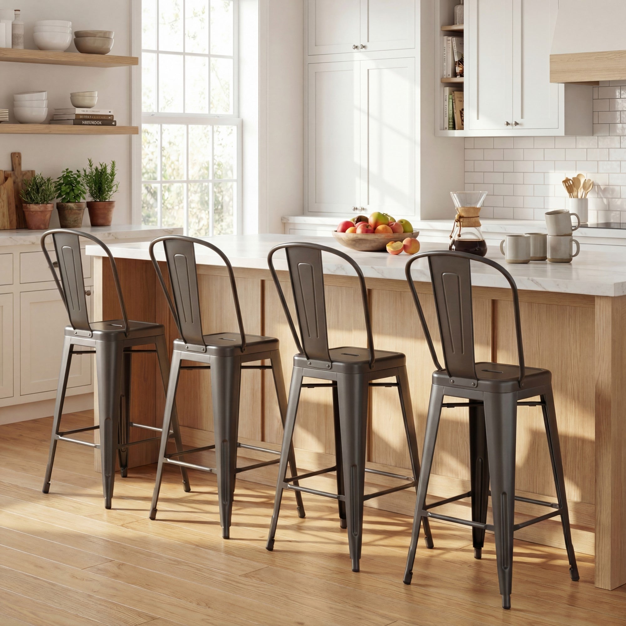 ELLEGNT 4 PCS 62 cm Counter Height Bar Stools-Metal Frame, Backrests and Footrests Included, Gun Metal
