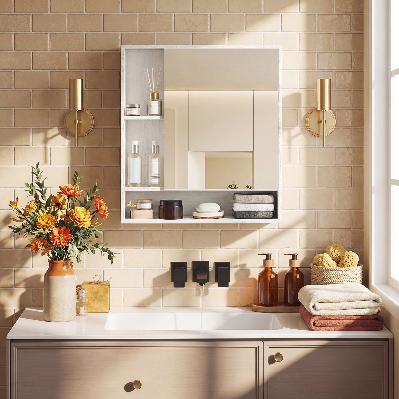 ELLEGNT Wall Mounted Bathroom Cabinet-Mirror Door, 3 Open Shelves and 1 Adjustable Shelf for Storage White