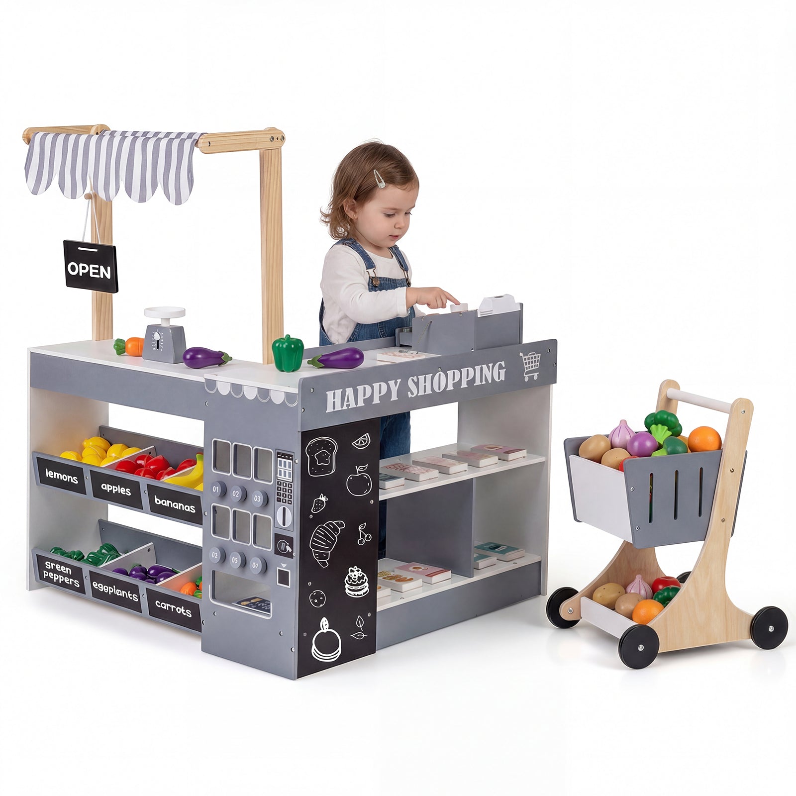 ELLEGNT Kids Wooden Grocery Store Playset-Pretend Play Supermarket with Shopping Cart, Gray + White