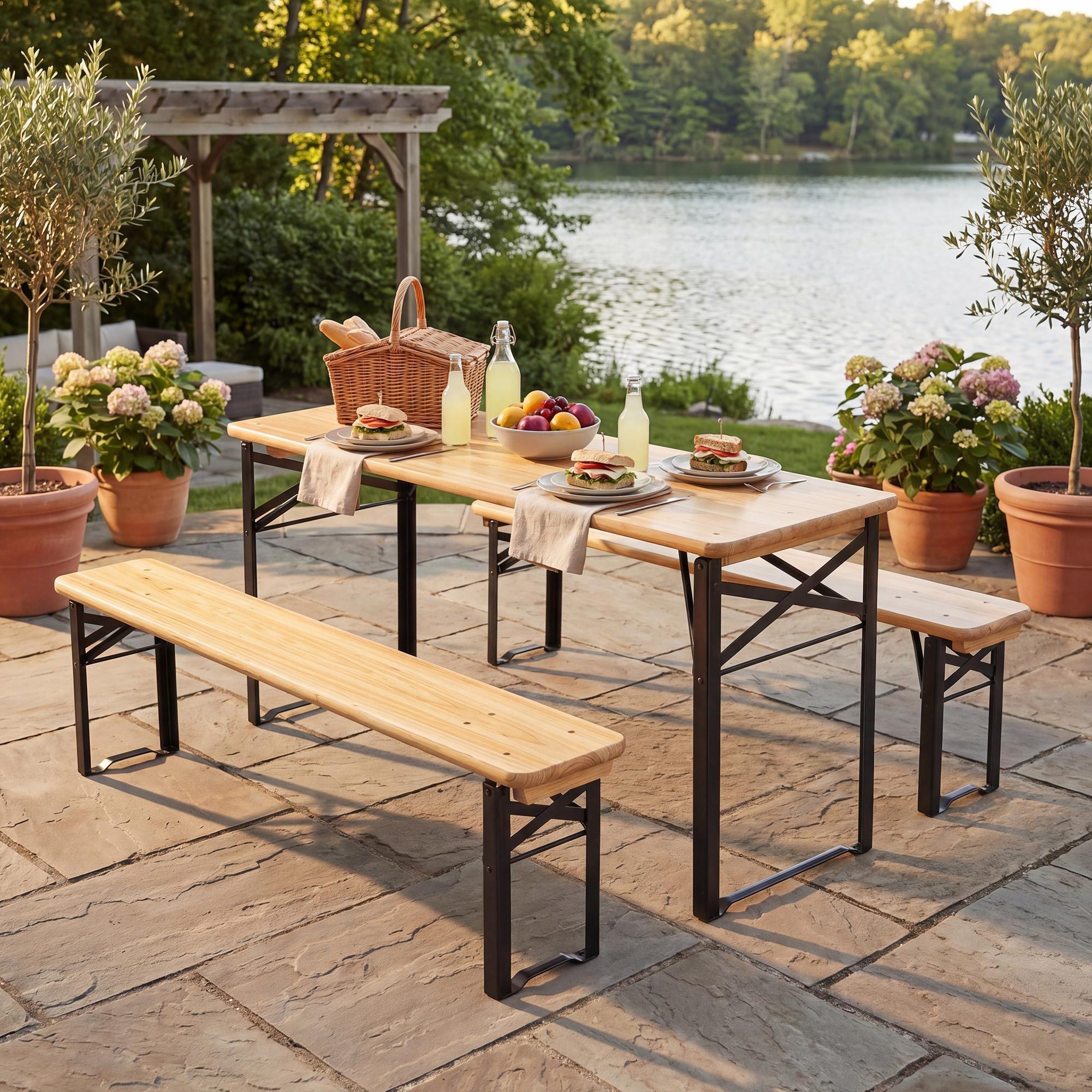 ELLEGNT 43.5 in Folding Picnic Table and Bench Set for Kids-0.8 in Thick Fir Wood Top, Black + Natural