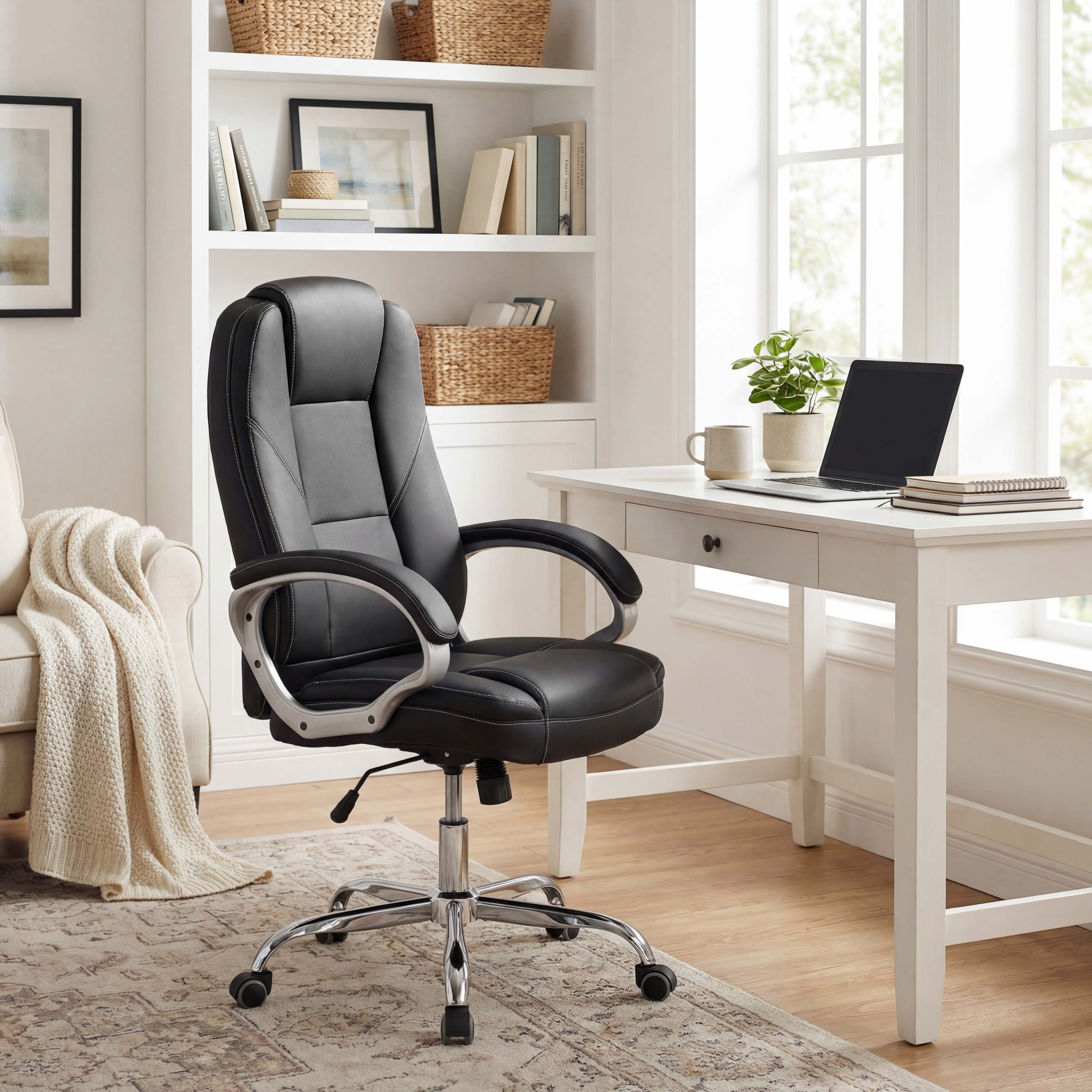 ELLEGNT Executive Office Chair-Ergonomic Leather with Rocking Backrest, Swivel Base, Black
